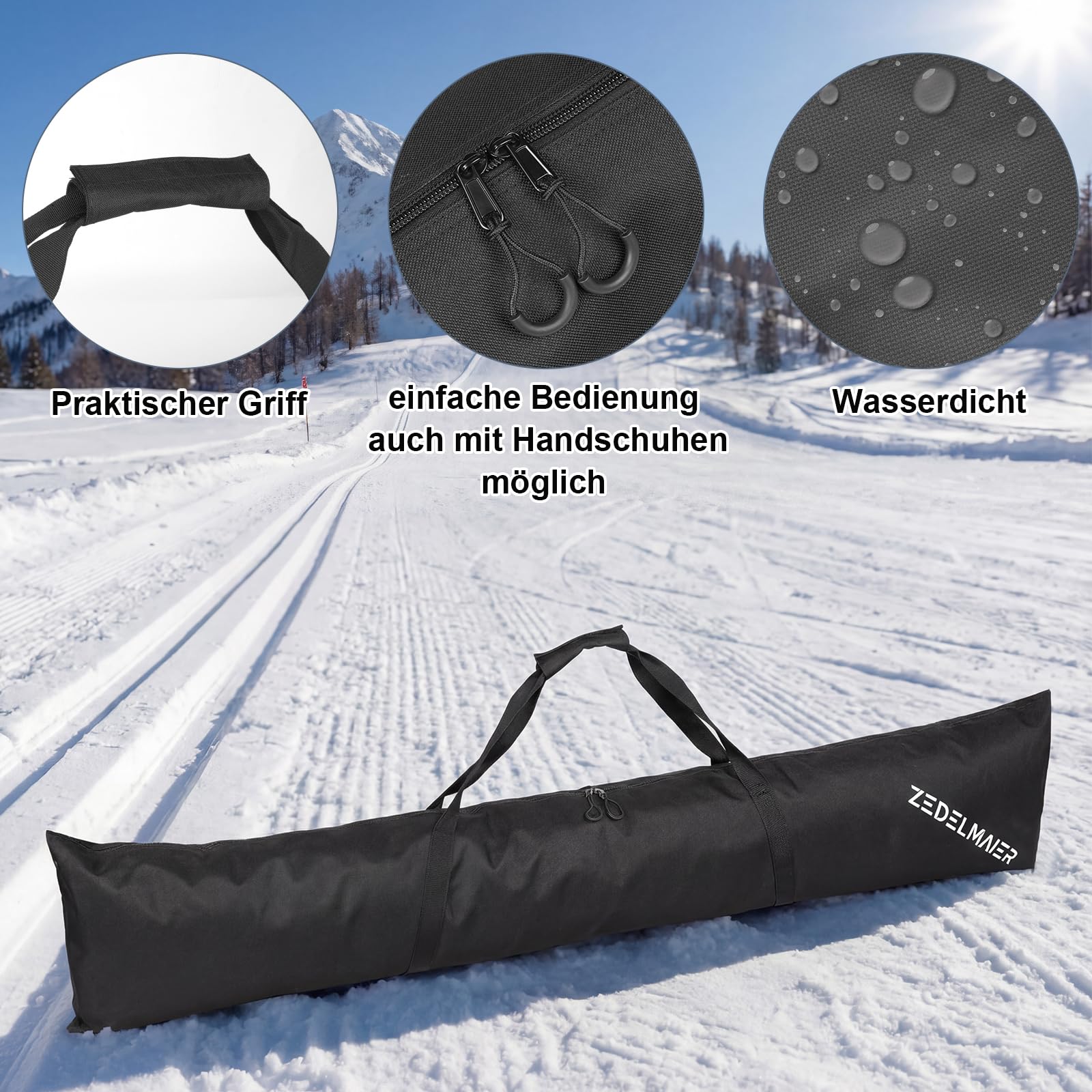 Zedelmaier Skitasche 179 cm für 1 Paar Ski Boardtasche für Skifahren wasserdichte und Robust Skisack Leichte Skireisetasche zum Transport von Skiern