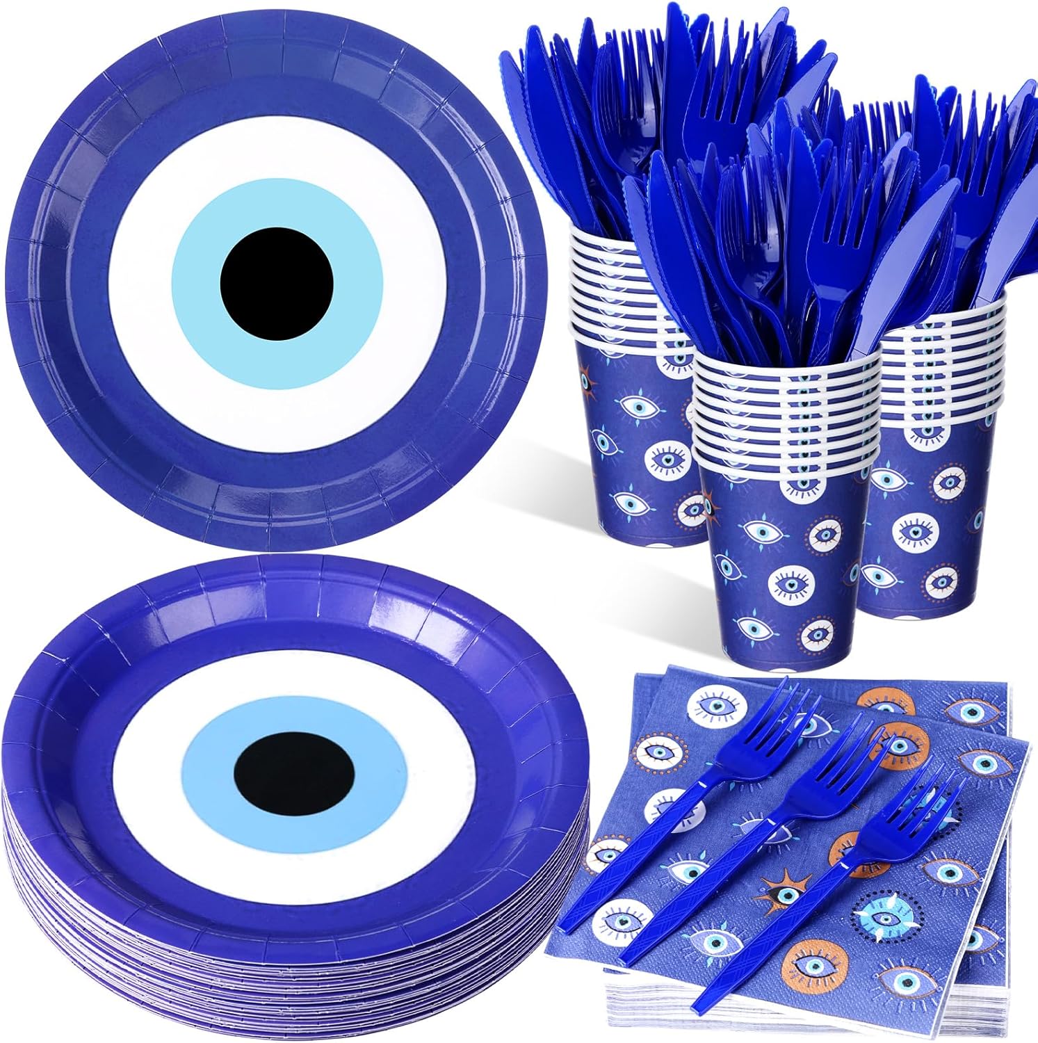 Roshtia 196 Pcs Blue Evil Eye Party Paper Plates and Napkins Set Occult Evil Eye Party Decoration Disposable Cup Plate Napkin Knives and Forks for Eerie Blue Light Aesthetics, Serves 24