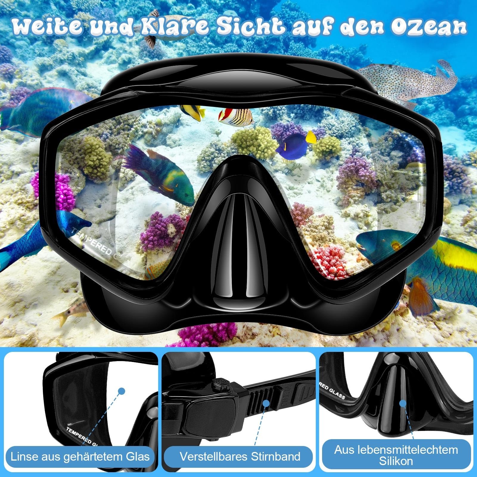MILFECH Schnorchelset Erwachsene, SchnorchelnSet mit Taucherbrille und Trocken Schnorchel,Anti-Fog Anti-Leck Schnorchelmaske aus Gehärtetem Glas,für TauchenSchnorcheln Schwimmen,DrySchnorchel(Schwarz)