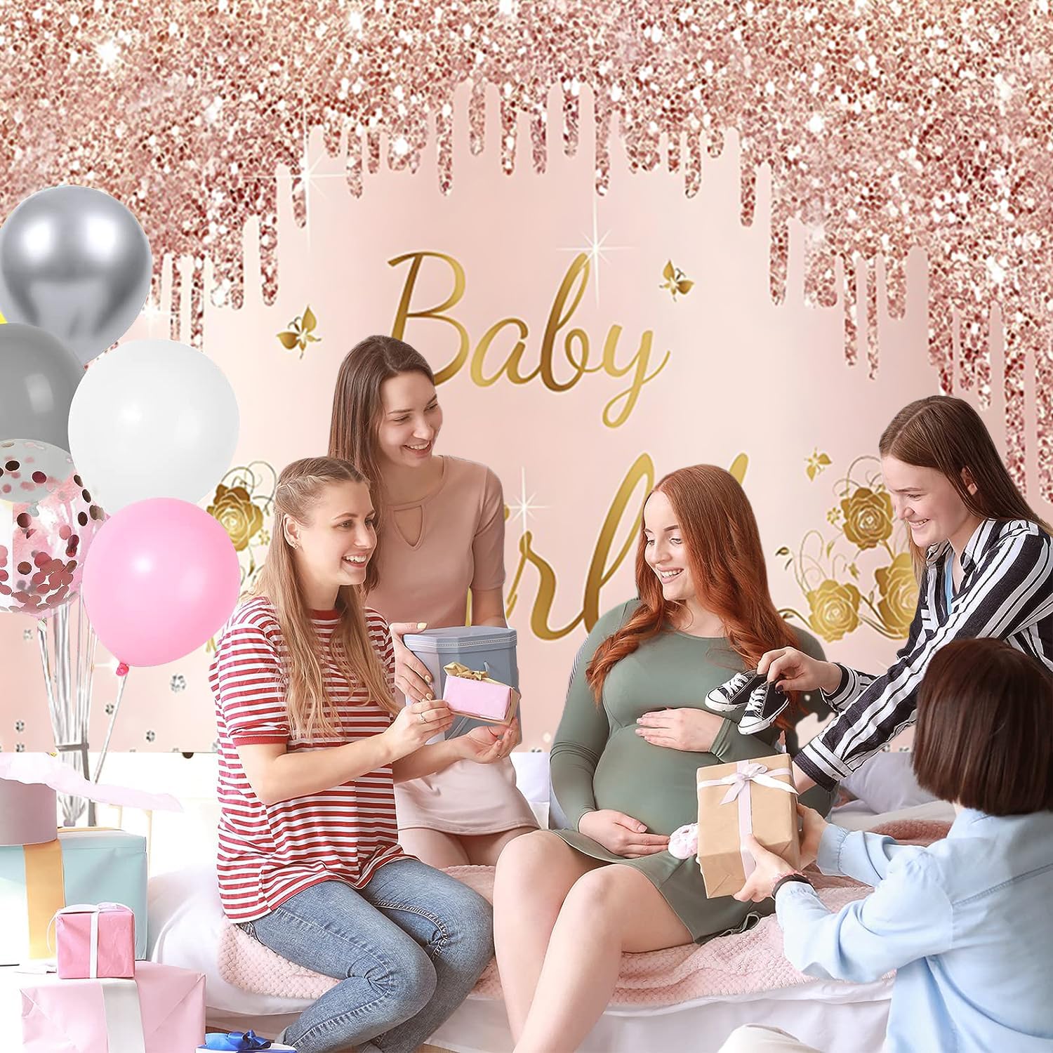 3x2m Telón de Fondo Baby Shower Rosa Oro Rosa Niña Póster Fotografía Fondo Recién Nacido Baby Shower Decoraciones de Fiesta Banner Photo Booth Props