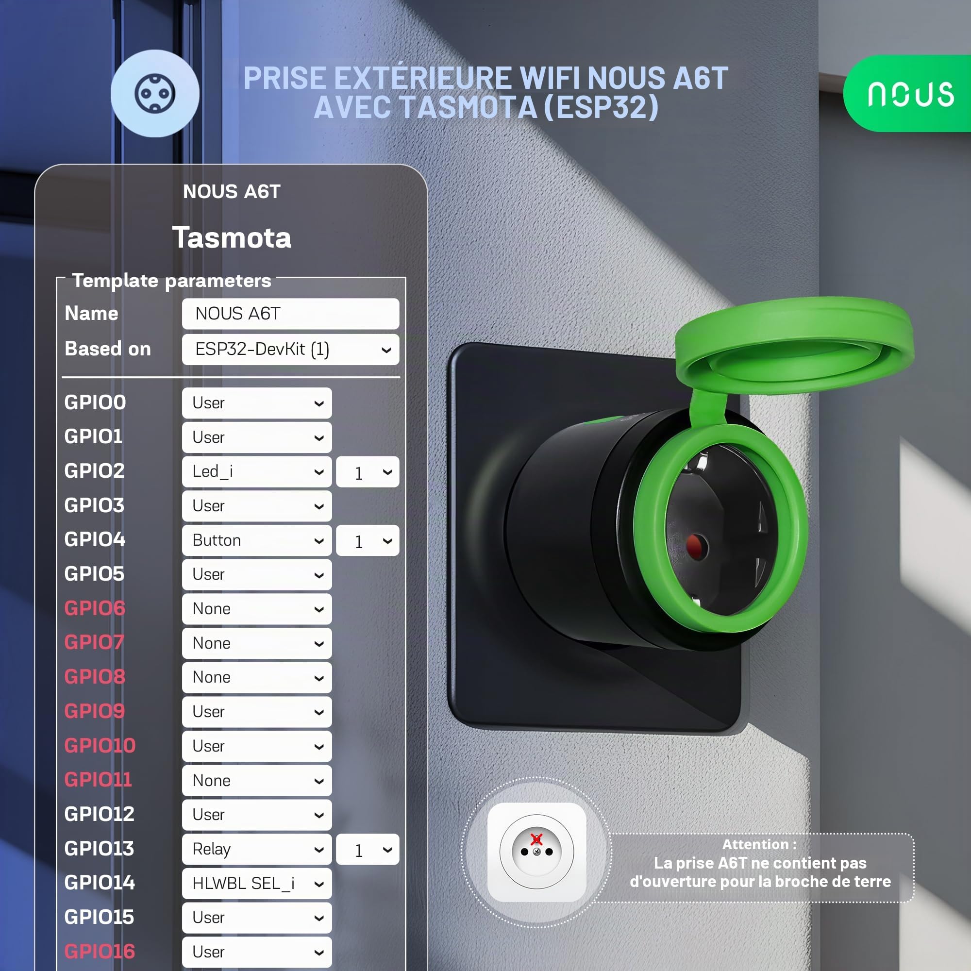 NOUS Tasmota Prise Exterieur Intelligente ESP32 Prise Étanche IP44 Prise 16A avec Consommation d'Électricité, Minuteur Compatible avec Alexa, Google Home Assistant MQTT, WiFi 2.4GH