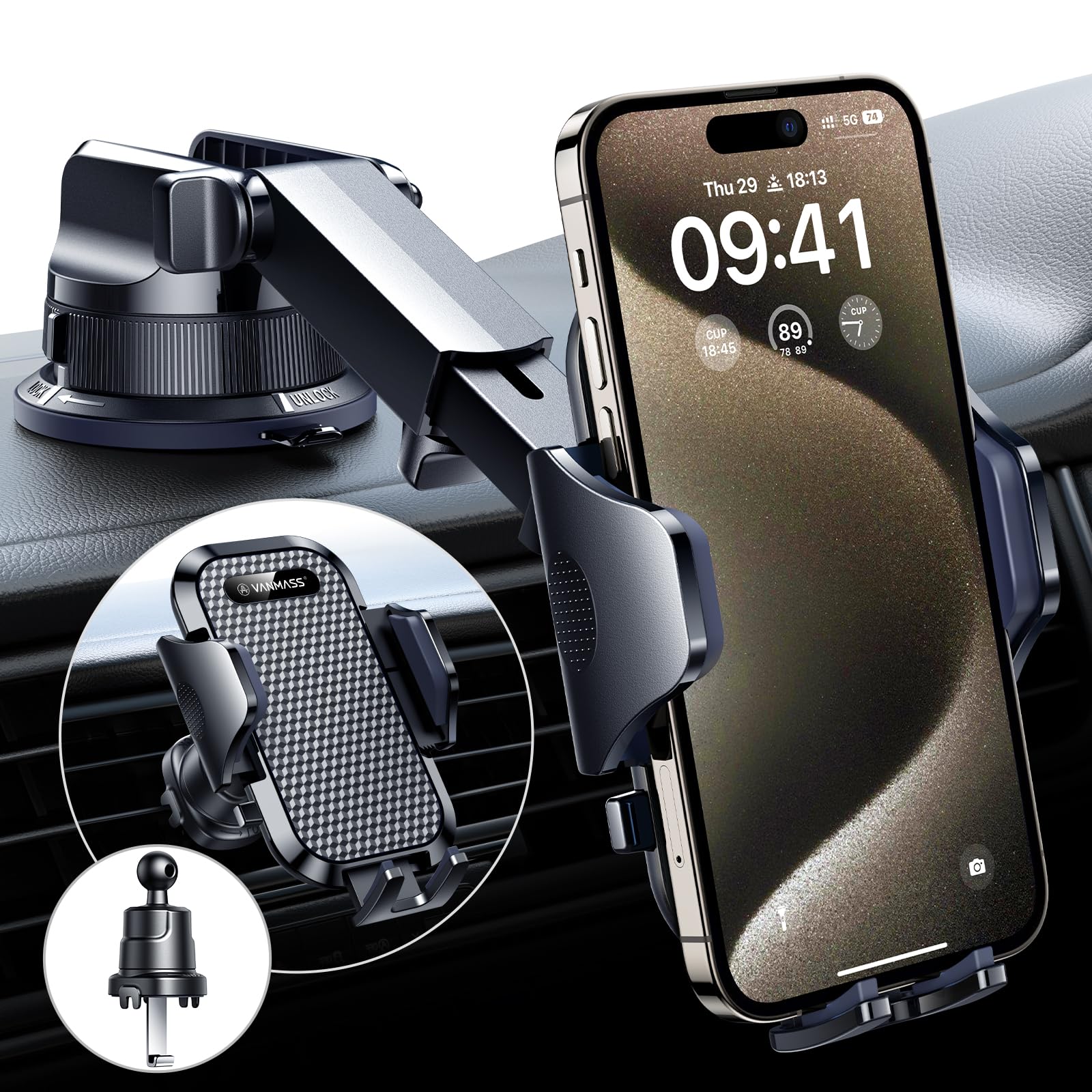 Vanmass [2026 True Military-Grade Best Car Phone Holder [Upgraded Suction & Clip] Rotatable Universal Mobile Phone Mount Dashboard Windscreen Vent for iPhone 17 Pro Max 16 15 14 Samsung, Dark Black
