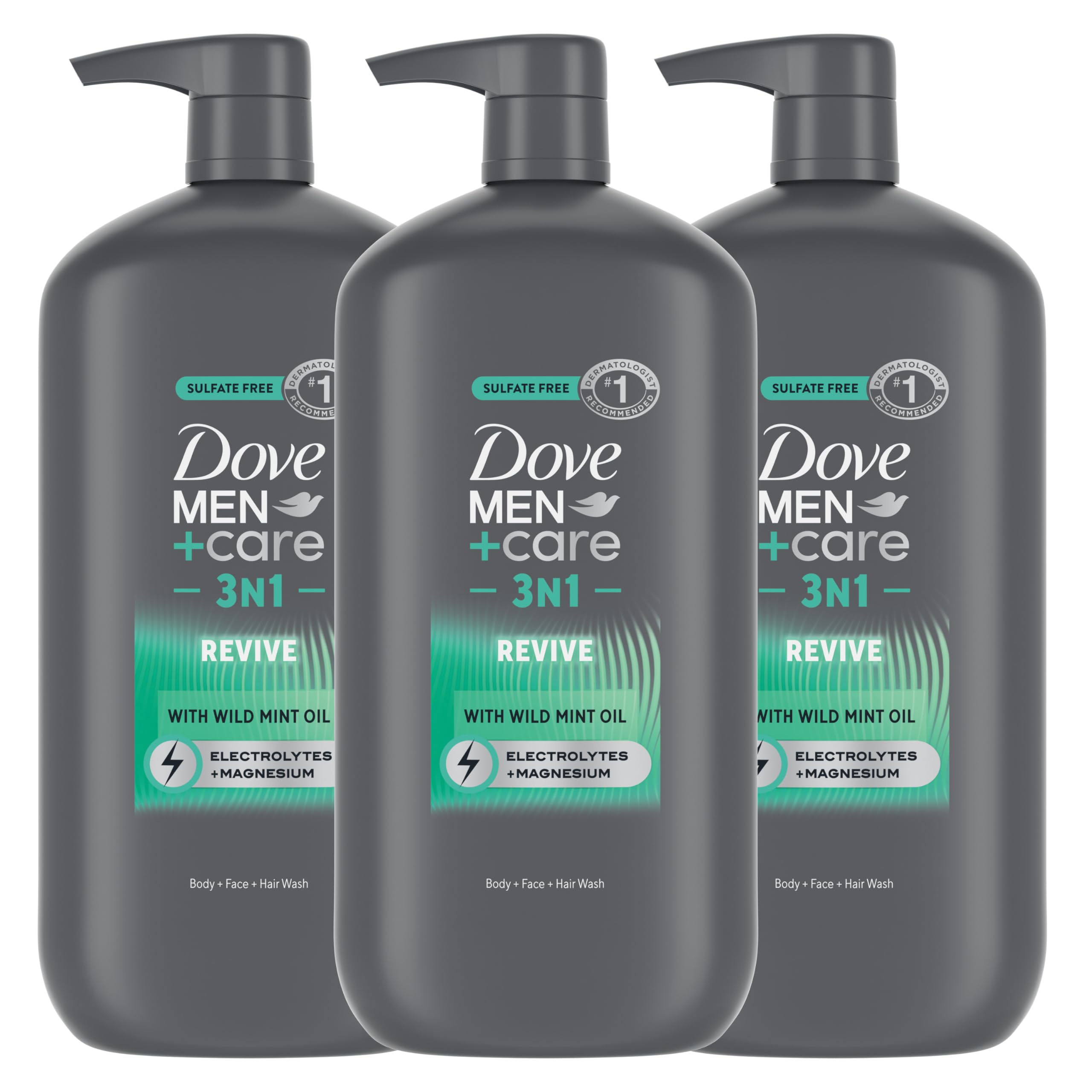 Dove Men+Care Body and Face Wash with Wild Mint Oil, Invigorating Revive 3N1 with 24-Hour Nourishing Micromoisture Technology, 30 oz 3 Count