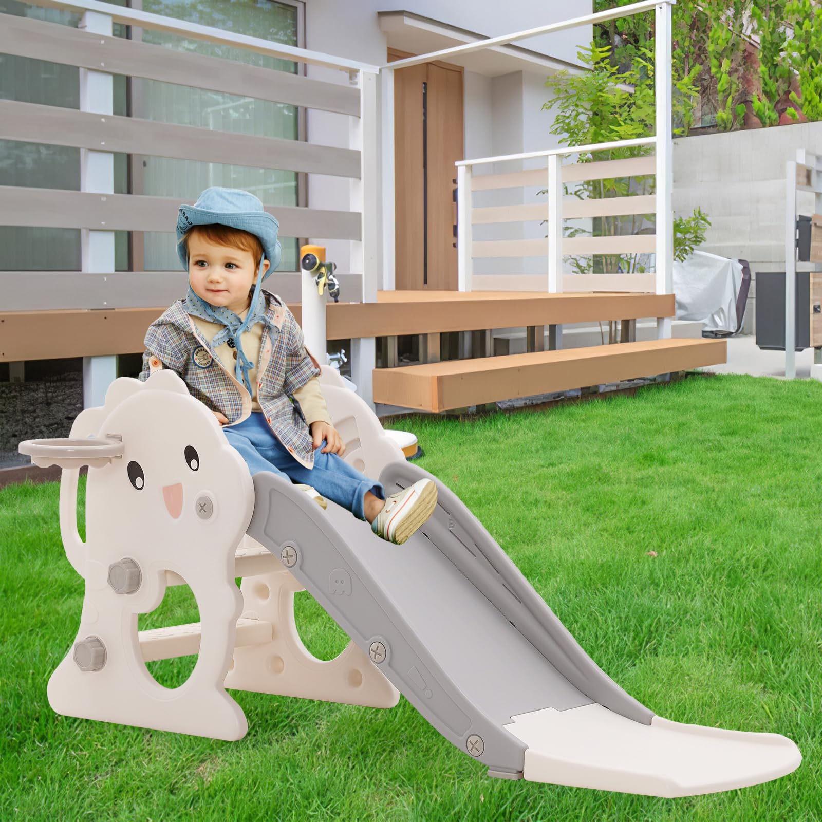 Rutsche für Kinder, Faltbar Kinderrutsche Klein mit Basketballkorb, Baby Rutsche Garten, Rutschenlänge 105 cm, Grau