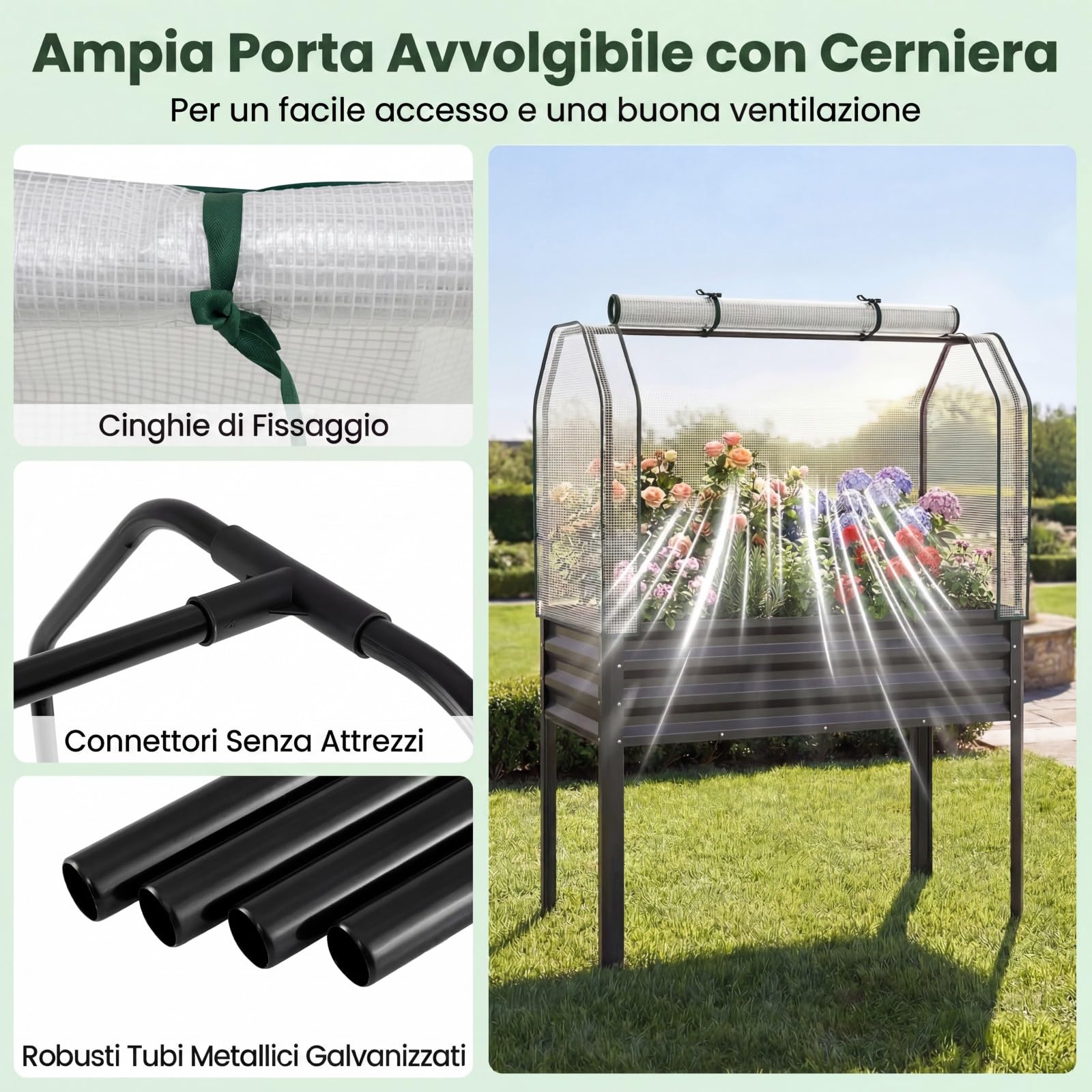 COSTWAY Orto Rialzato da Esterno con Serra, Fioriera Rialzata con Copertura in PE, Porta Avvolgibile con Cerniera e Guanti, Aiuola Rialzata per Verdure, Fiori e Frutta, 112 x 55 x 152 cm (Grigio)