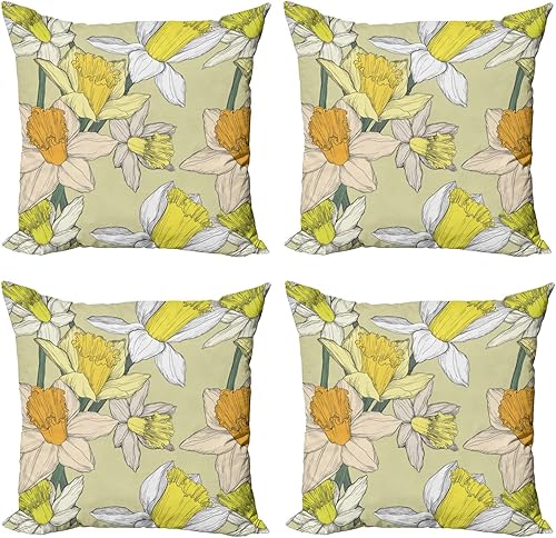 Lunarable Juego de 4 fundas de almohada florales con ilustraciones de narcisos en colores pastel retro inspirado en el arte bohemio, fundas de cojín