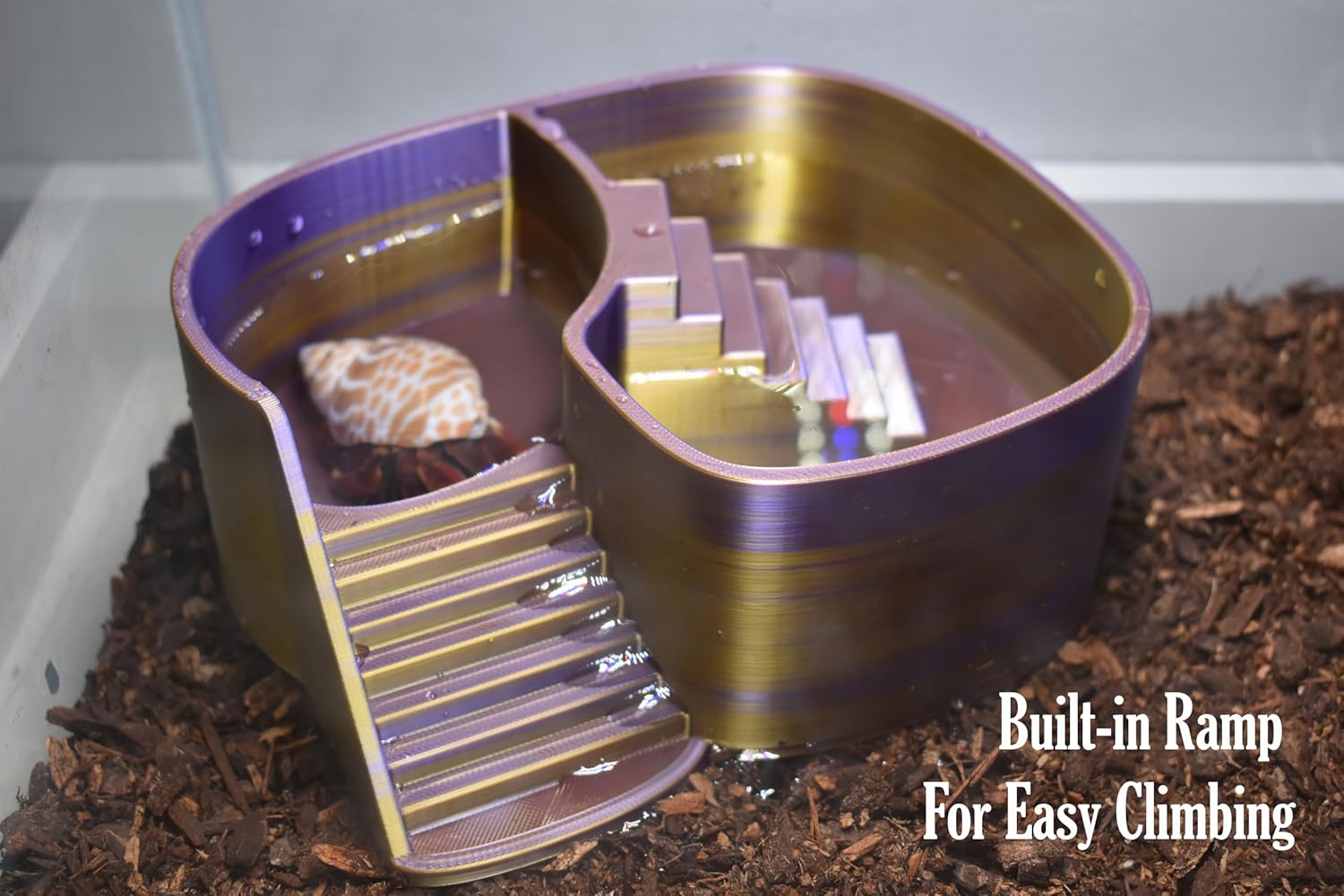 Dual Zone Hermit Crab Swimming Pool, 2-in-1 Soaking Tub for Fresh & Salted Water. Hermit Crab Food Bowl & Bath Tub with Climbing Ramp (Silk Gold Purple, Large)