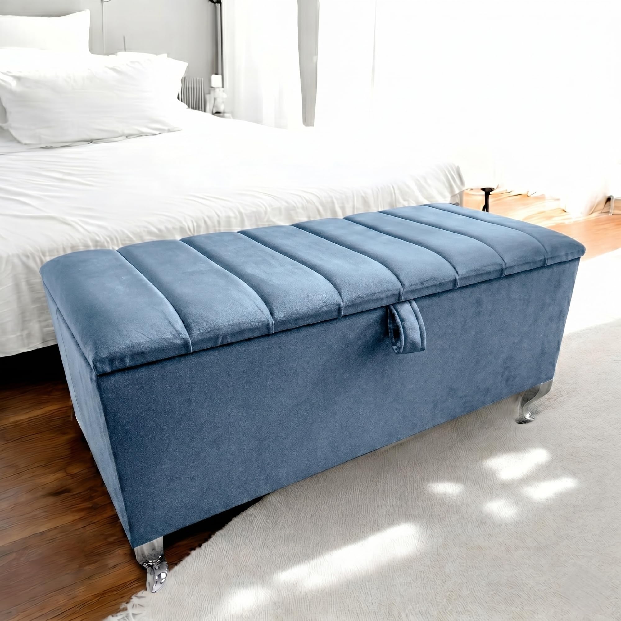 Harveys Living 102cm Panel Velvet Storage Ottoman, Silver Legs, Silver Legs, Duck Egg