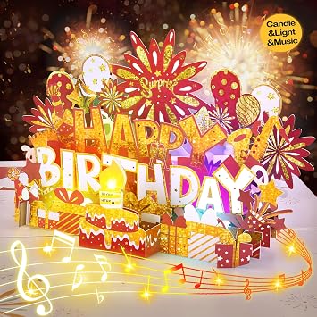 BYKOOO Birthday Card | Musical Pop Up Birthday Cards w Light | Blow Out LED Light Candle & Play Happy Birthday Music Pop Up Card | Greeting Cards Gifts for Him or Her | Red Gold Blowable Candle