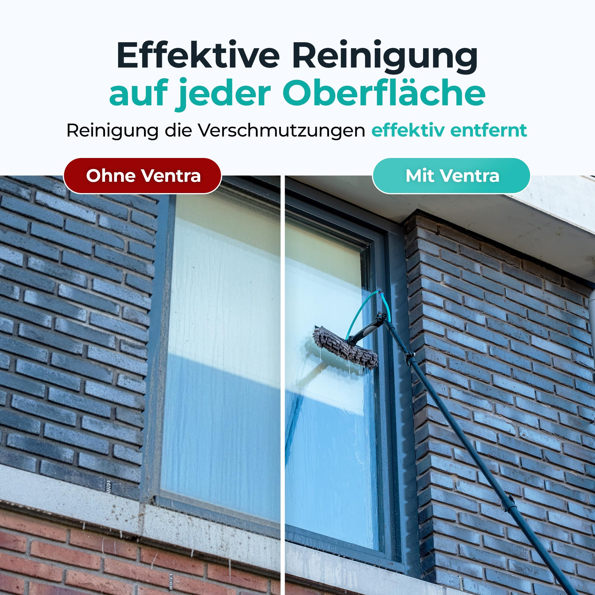 VENTRA Teleskop-Waschbürste 7,2M – Extra Große Bürste (34 cm) - 4 Wasserauslässe – Fensterheber & Staubwedel – Edelstahl Teleskopstiel – Inklusive Handschuhe & Mikrofasertuch
