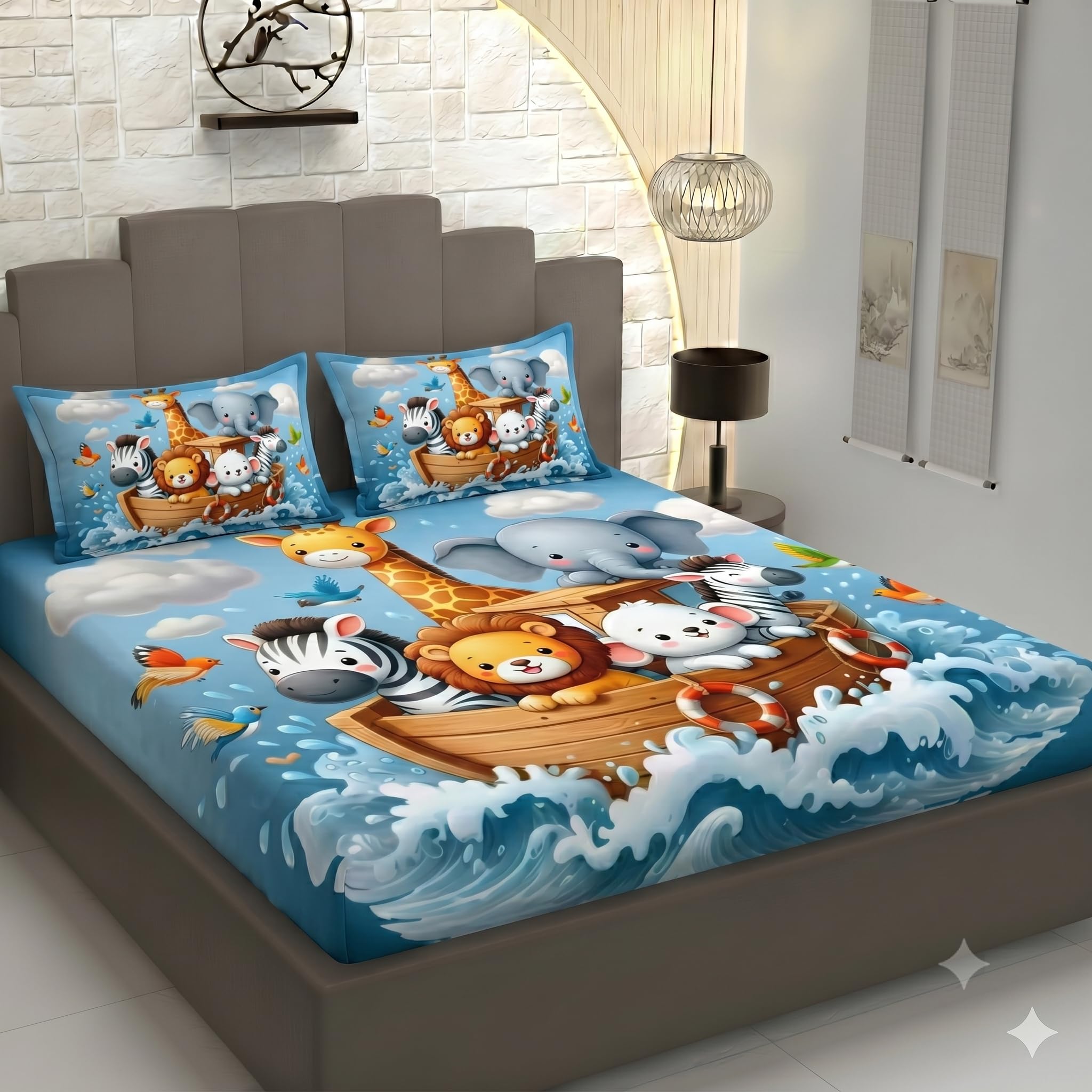 DECOR WELL 7d Bedsheet for Double Bed King Size with 2 Pillow Covers, Polycotton 220 TC Super Soft & Breathable, Wrinkle Free | Blue Jungle | Printed Bedsheet Set (90x100 Inch)-image-29