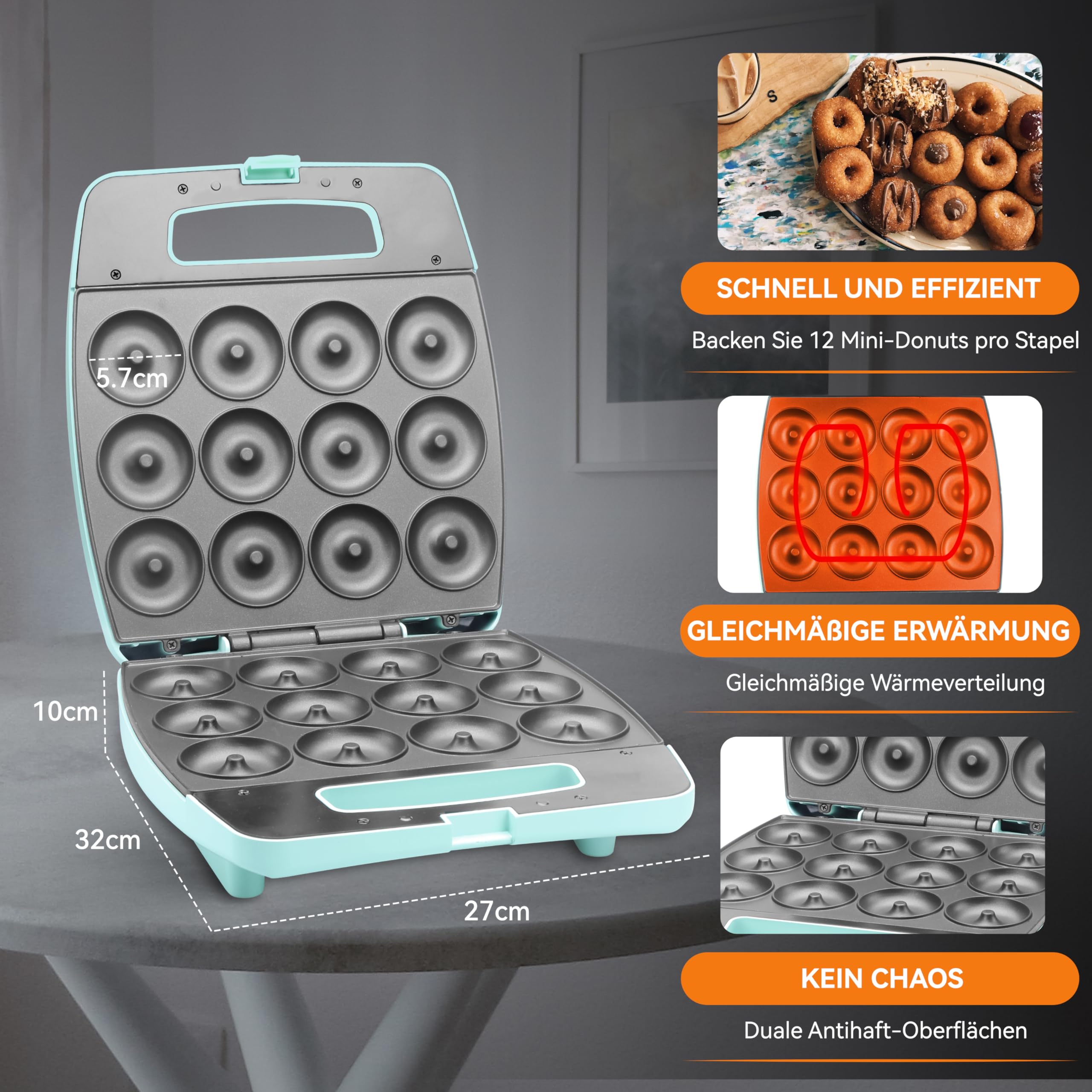 Baker's Friend Mini Donut Maker, Donutmaker, Donuts Backform, backt 12 Mini-Donuts, perfekt für Frühstück, Snacks, Desserts & mehr, Aqua