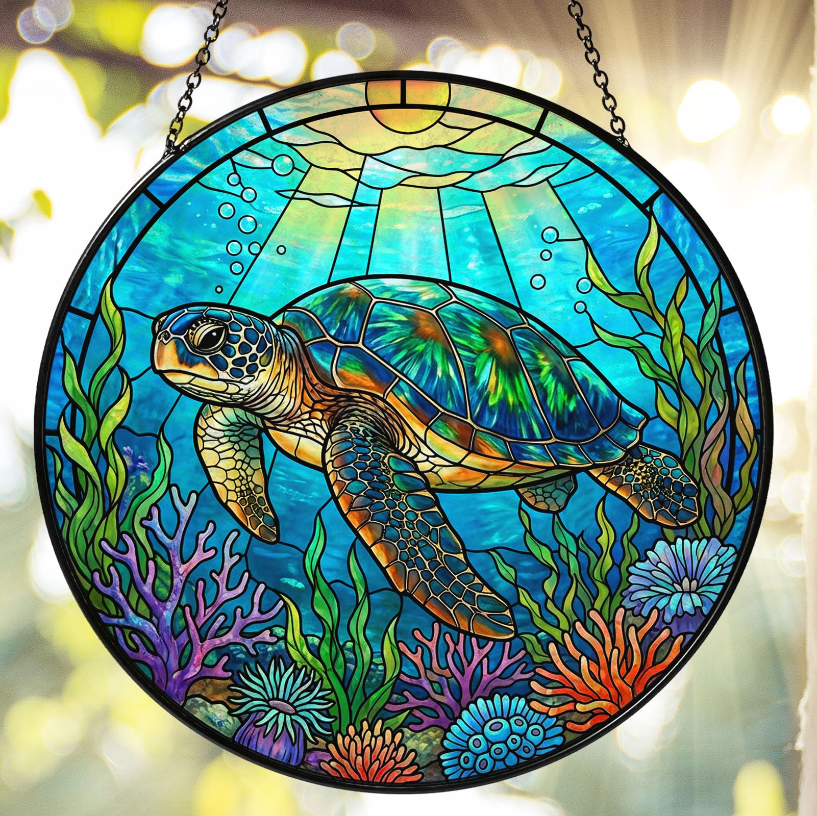 Atrapasueños de vidrio de colores de tortuga marina, decoración colgante de ventana de vida oceánica para amantes de las tortugas, atrapasueños de criatura marina temática del océano de 7.87 pulgadas