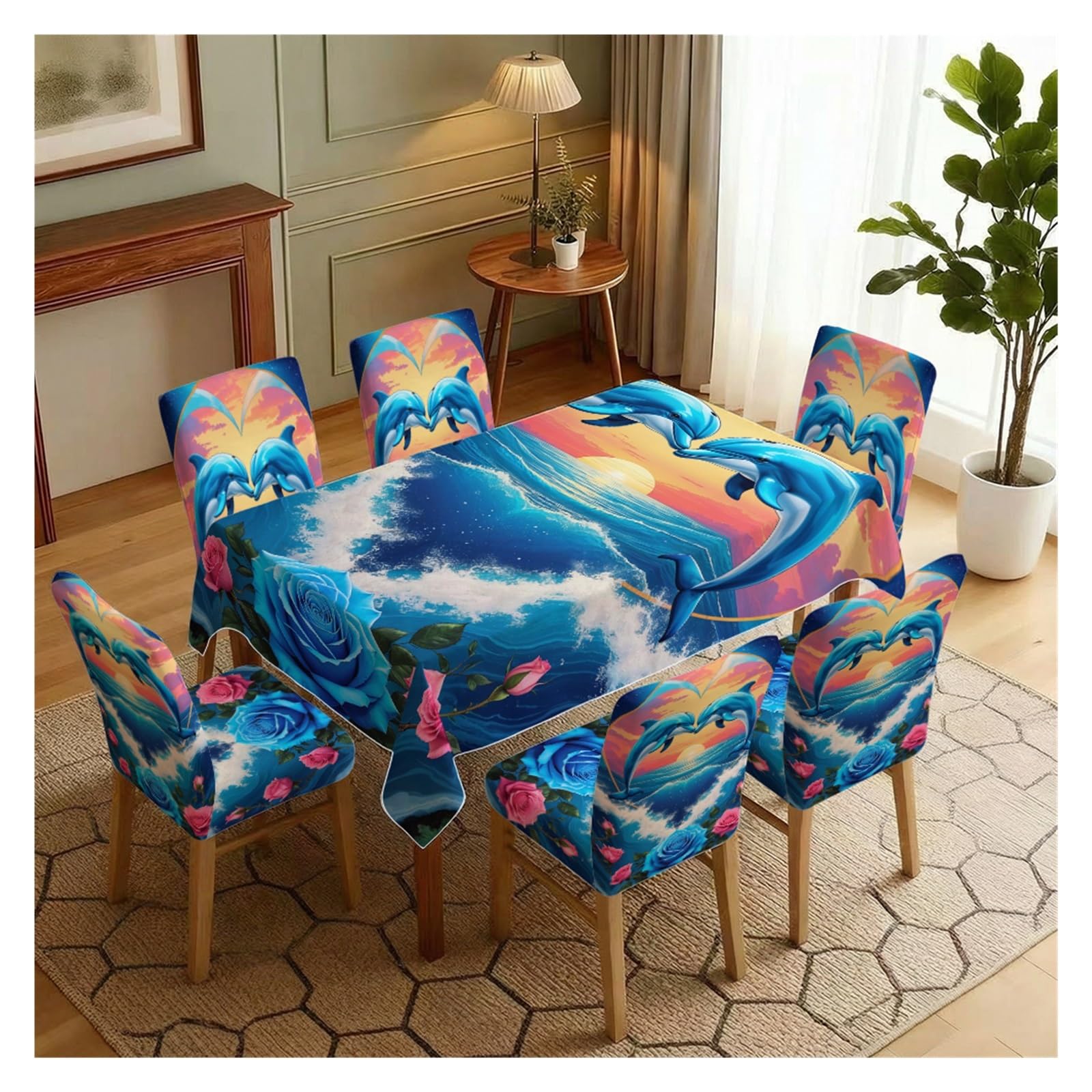 BOSUYBN Sunset Dolphin Rose Ocean Dining Tablecloth & Chair Covers Set, 5/7 Piece Romantic Coastal Beach Home Decor Table Setting(7pcs Set: Tablecloth+Chair Covers)