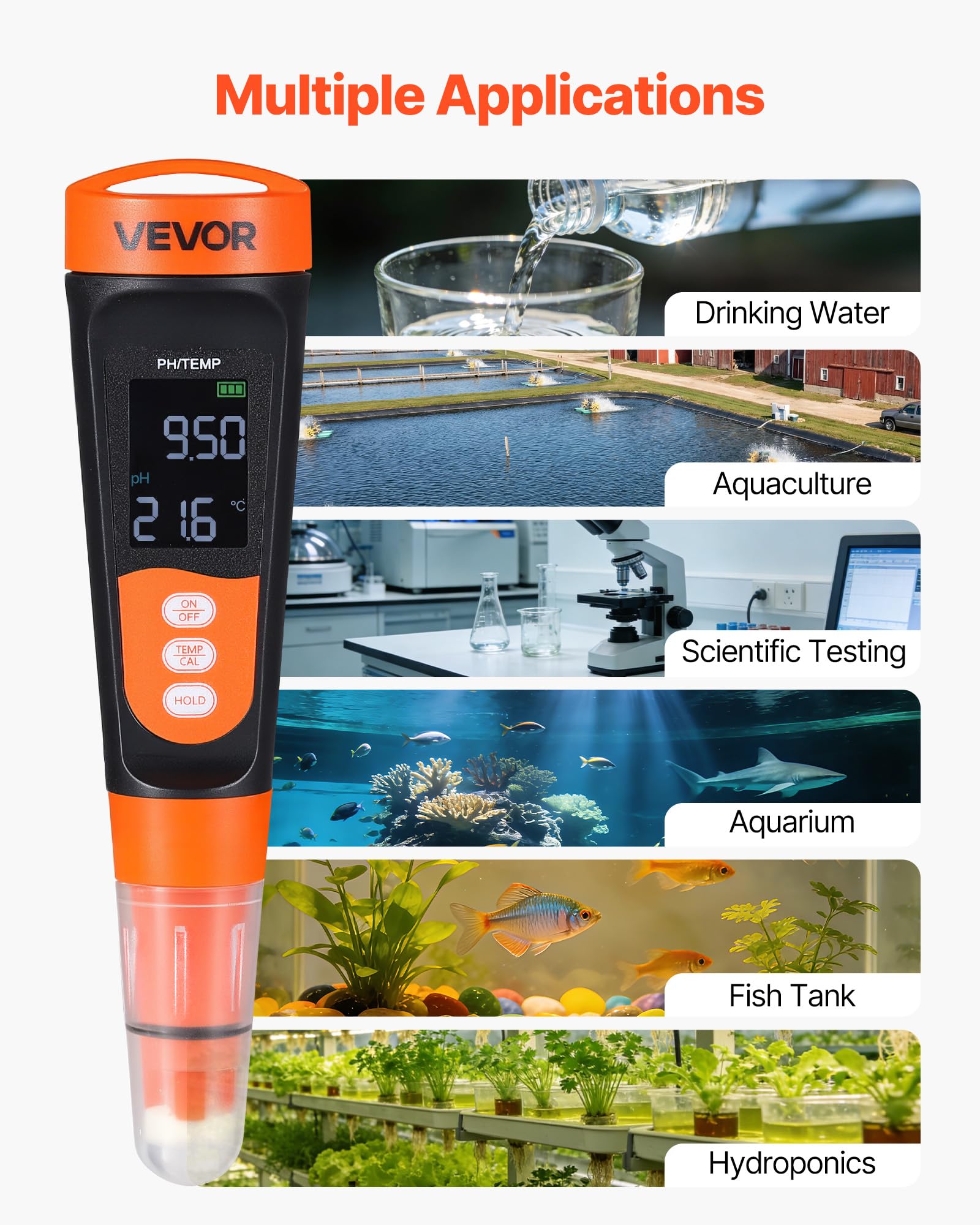 VEVOR pHmetro Portatile, Intervallo di pH 0-14, Sonda Impermeabile IP68, Kit Tascabile con Bustine di Polvere di Calibrazione, Display VA, per Test di Acidità Acqua Potabile Idroponica e Acquario