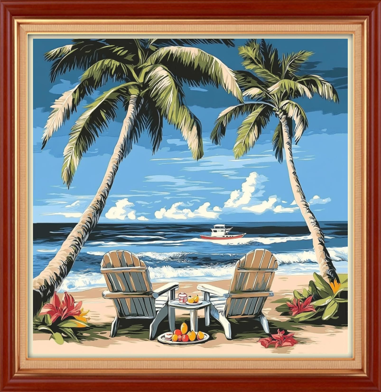 Joyhoor Stamped Cross Stitch Kits for Beginners Needlepoint Kits for Adults Embroidery Kits 11CT Counted Cross Stitch Kits Printed Embroidery Pattern-Drinking Tea Under Coconut Tree 18x18 inch
