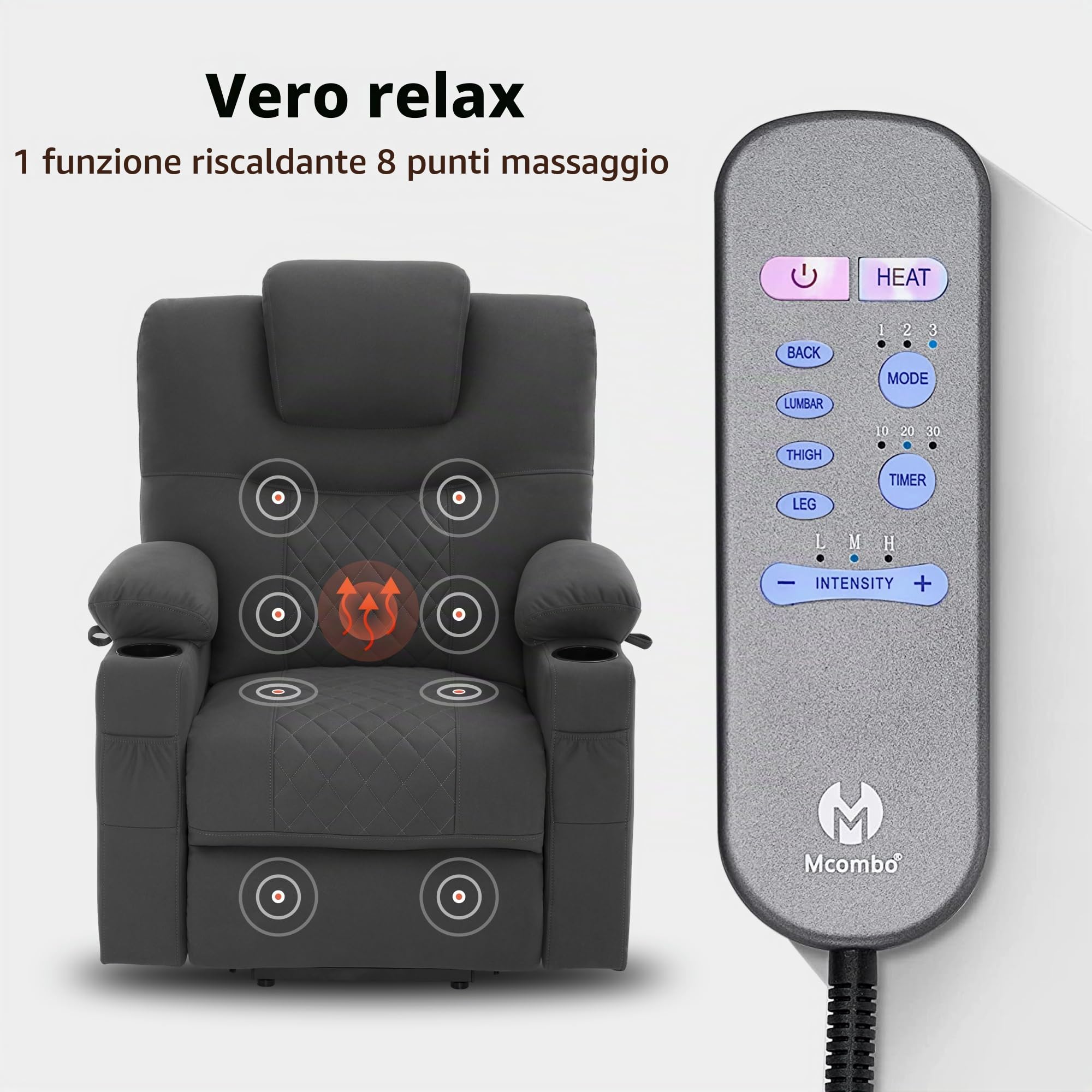M MCombo Poltrona TV con ausilio stand-up elettrica, poltrona reclinabile con funzione di reclinazione, poltrona massaggiante con funzione di riscaldamento, microfibra, 7565 (grigio scuro)