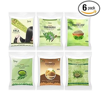 Spag Herblas Organic Premium Amla, Bhringraj, Brahmi Leaves, Curry Leaves, Methi and Neem Leaves Powder For Hair Care - 300gms (50g x 6)