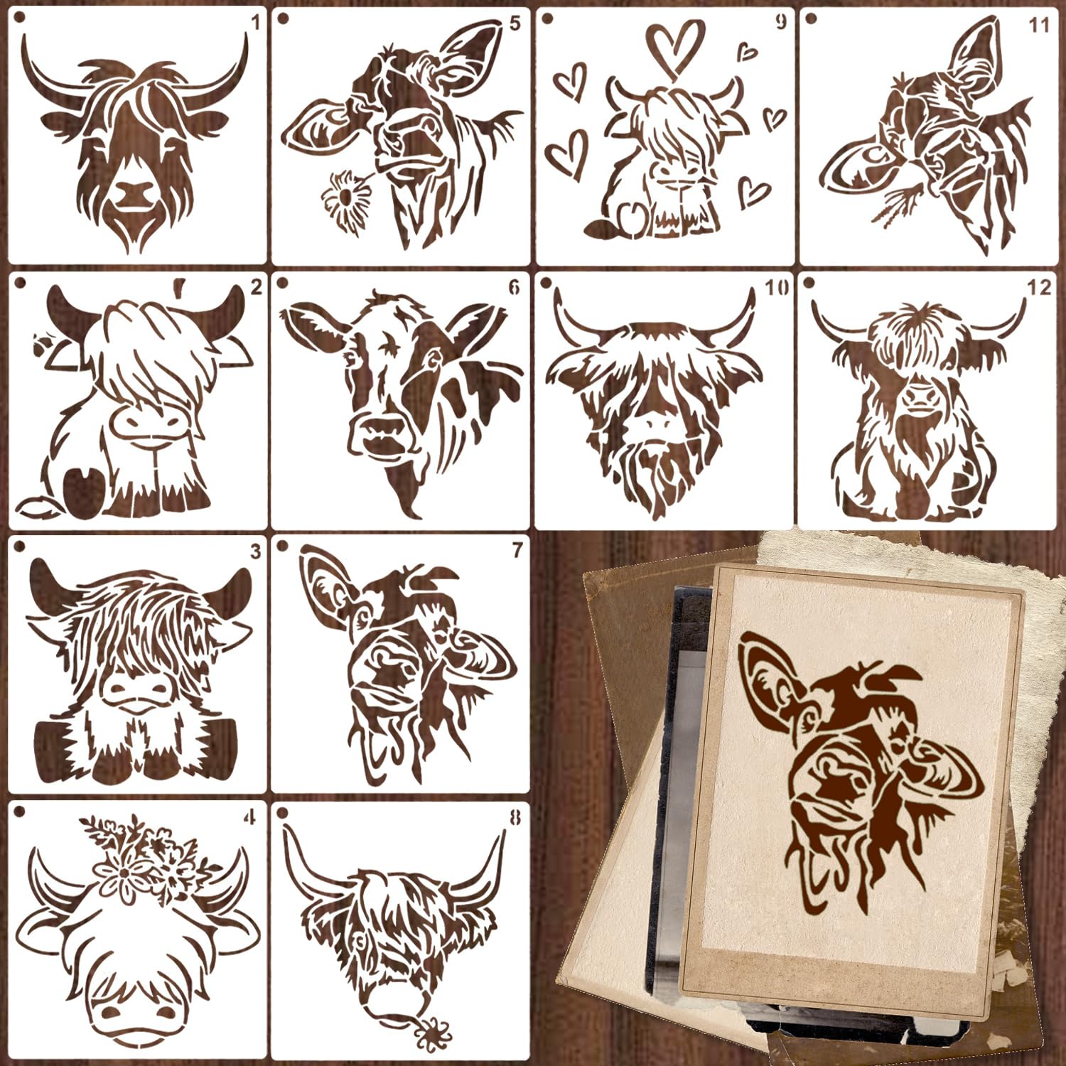 12Pcs Highland Cow Stencils, Highland Cattle Stencils for Painting Reusable Drawing Templates for Painting DIY Art Crafts Scrapbook Wall Decor โ image 1