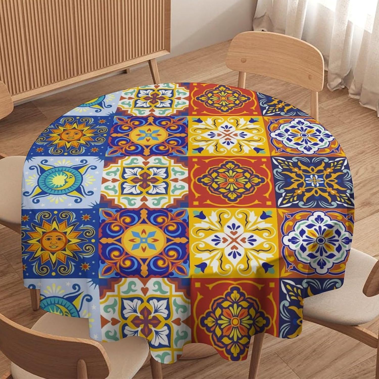 Boho Sun Moon Table Cloth, Abstract Geometrical Colorful Blue Gold Pink Table Cover for Home Kitchen Dining Room Party Picnic, 70x70 Inch