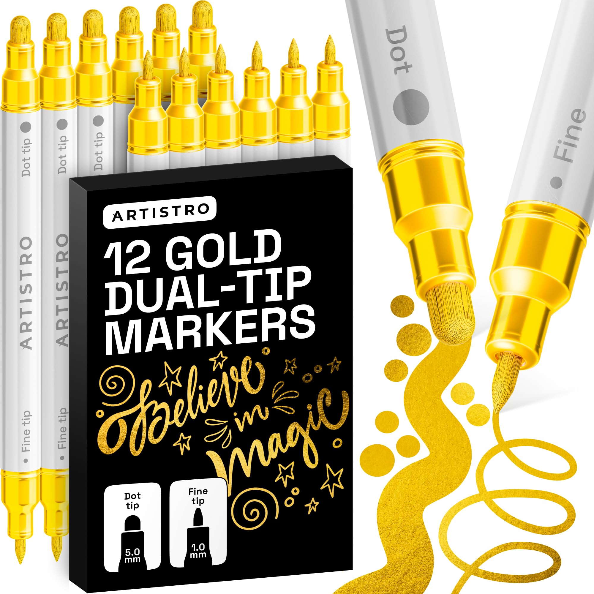 ARTISTRO 12 Gold Dual-Tip Acrylic Paint Markers – Paint Pens Set with Dot & Fine Tips for Fabric, Rock, Glass, Wood, Coloring Books – Arts & Crafts Gift – Classroom Must Haves & School Supplies