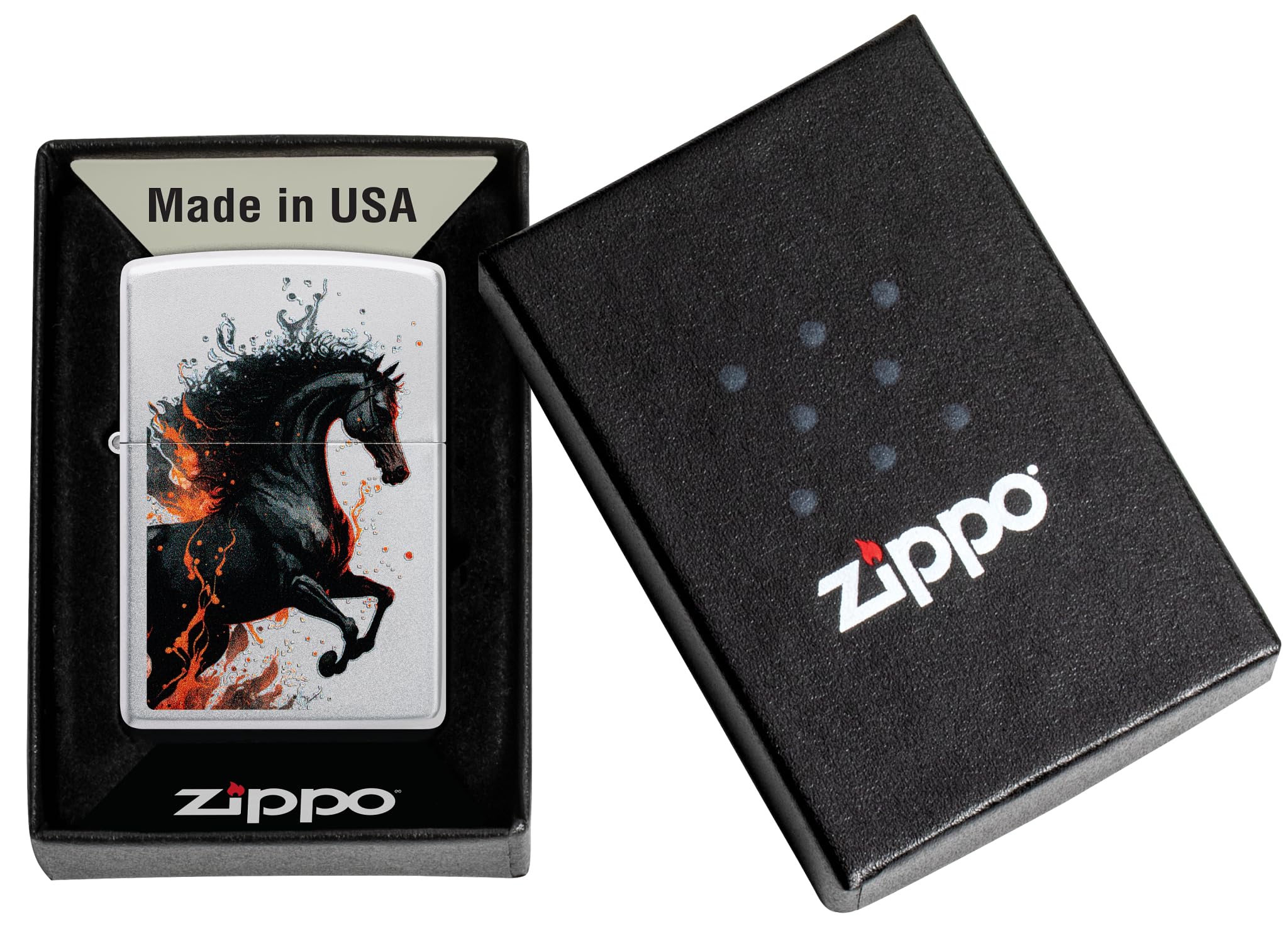 Zippo Sturmfeuerzeug - Fire Horse, Satin Chrome, Color Image - Nachfüllbar - Wiederverwendbar - Windfestes Design - Geschenkbox - Made in USA