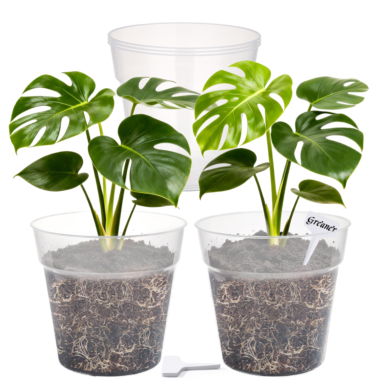 GREANER 14 Inch Clear Nursery Pots, 5 Packs Durable Plastic Orchid Pots with Holes, Large Orchid Pot for Indoor Outdoor Use（with 20 Plant Labels
