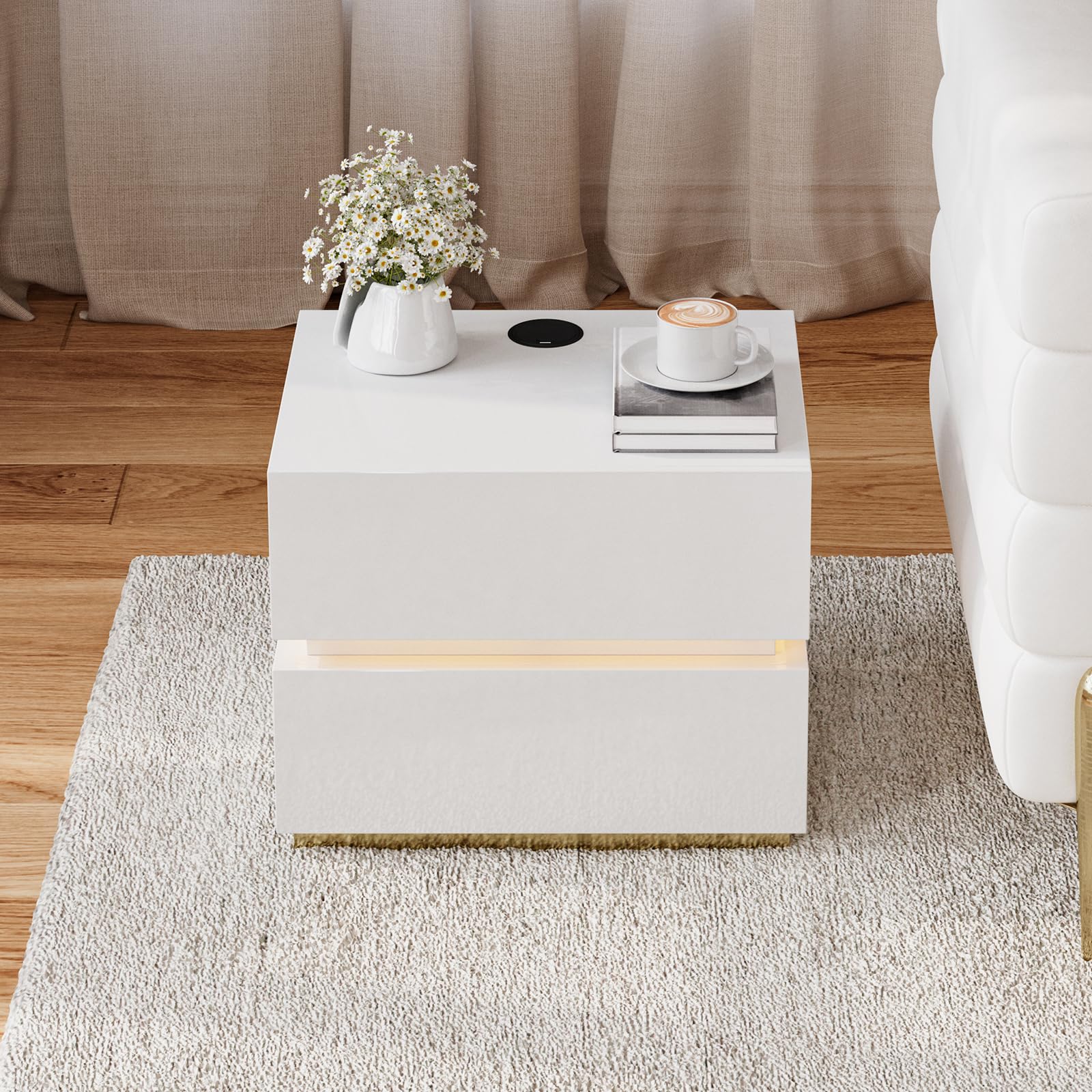 Homary LED Smart Nachttisch mit kabelloser Ladestation, Nachttisch mit Schubladen & USB-Anschlüssen, Modernes Nachtkästchen mit LED-Beleuchtung für Schlafzimmer (Led Weiß 2 Schubladen)