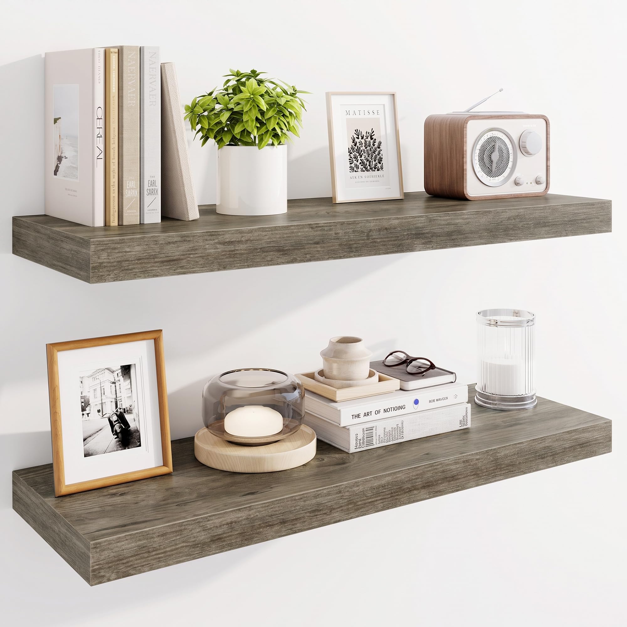 Marsmiles 30" Floating Shelves for Wall, Wooden Shelves with Invisible Brackets Set of 2, Rustic Farmhouse Wall Mounted Shelf for Kitchen Bathroom Living Room Study, Grey