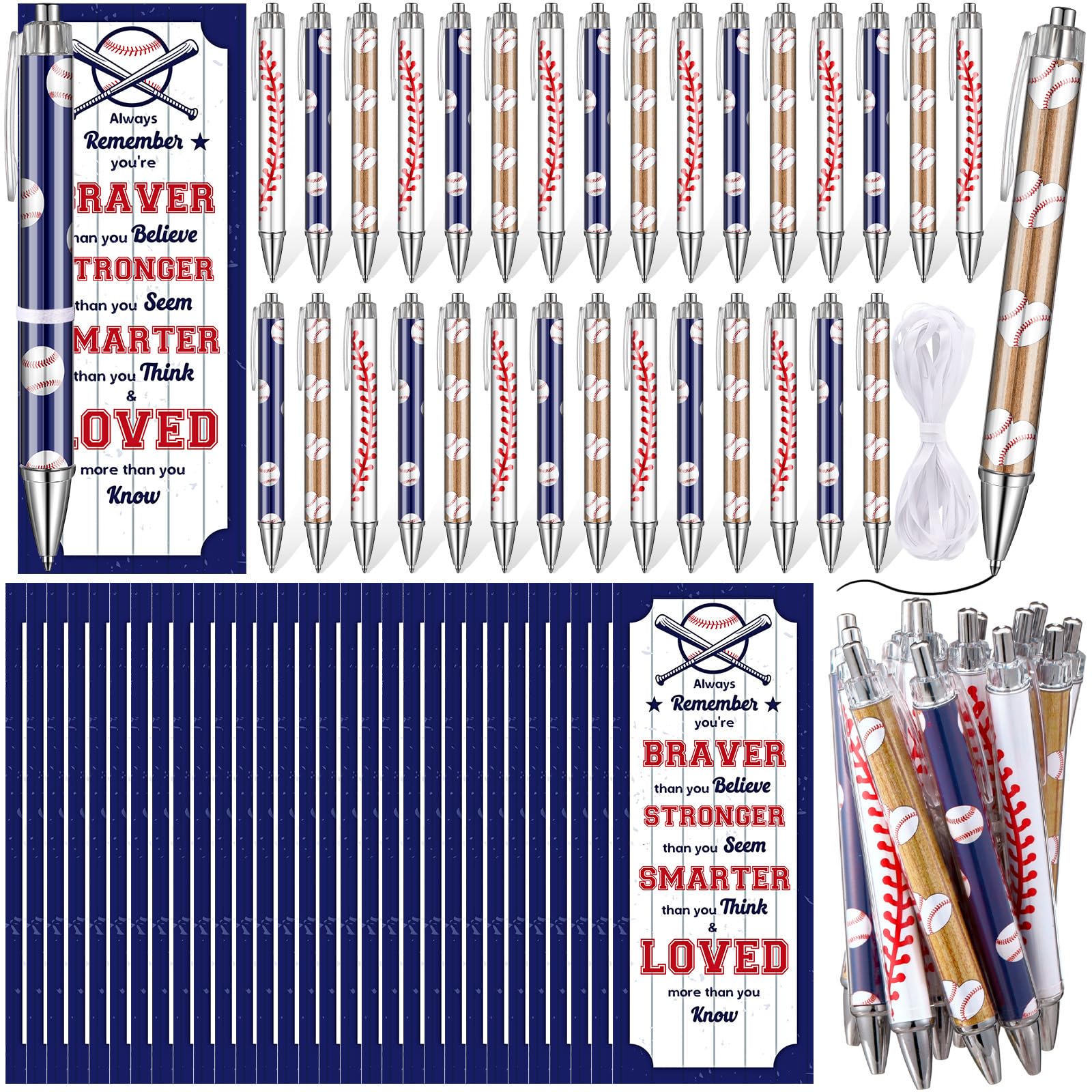 Sayglossy 60 Pcs Baseball Party Favors Gifts Include 30 White Baseball Ballpoint Pens, 30 Braver Smarter Stronger Cards for Prize Team Coach Adults