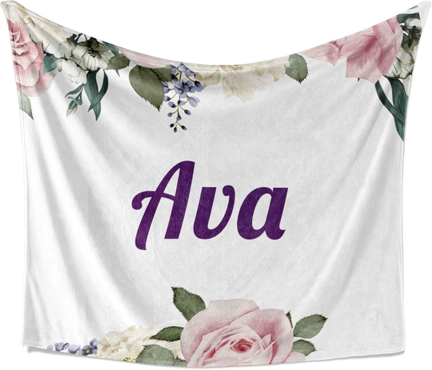 Ava Blanket - Personalized Plush Fleece Flower Throw with Name, Custom Soft Cozy Warm Blanket, Customized Birthday, Holiday Present Idea, 50x60 Inches