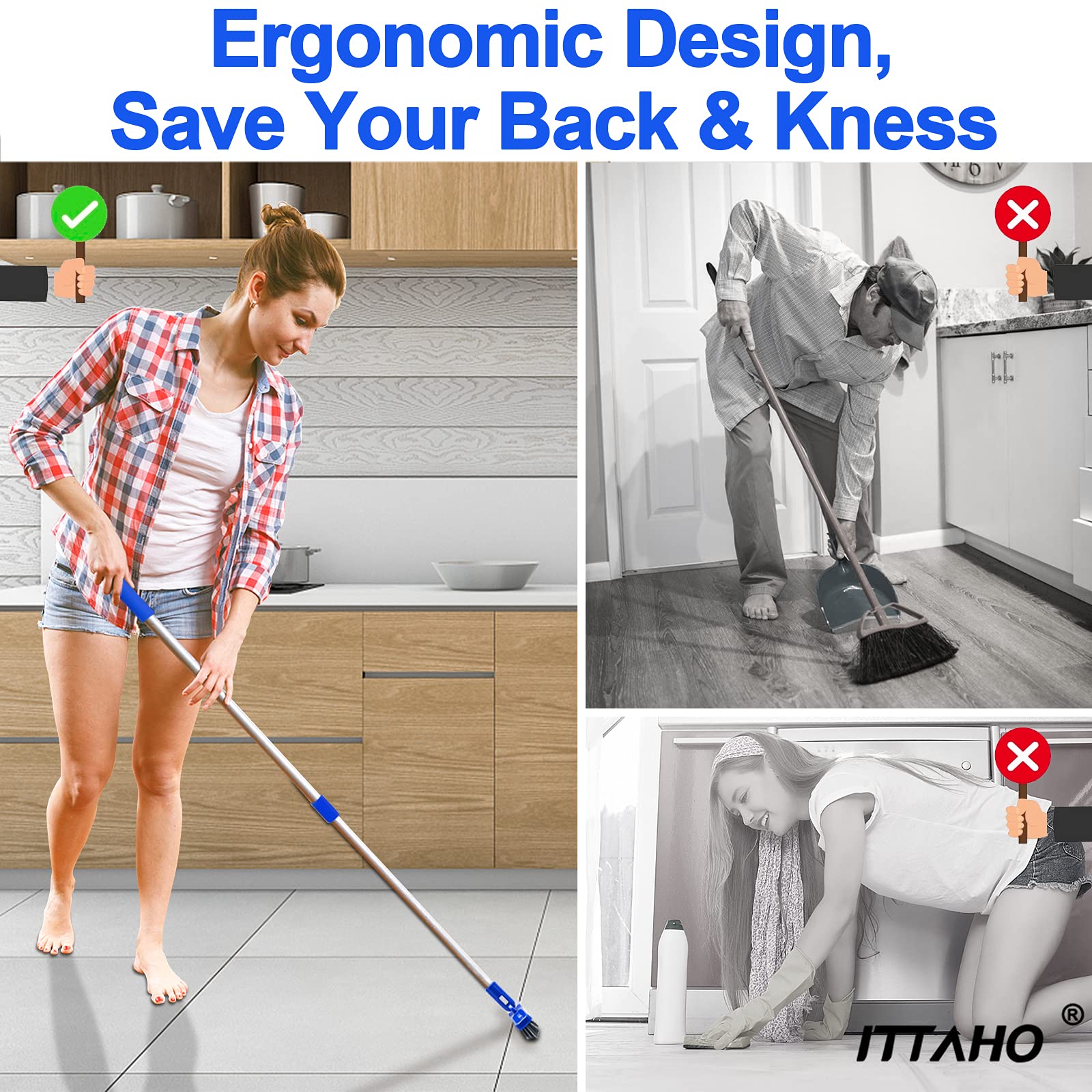 ITTAHO 2 Pack Grout Brush with Long Handle, Swivel Cleaning Grout Line