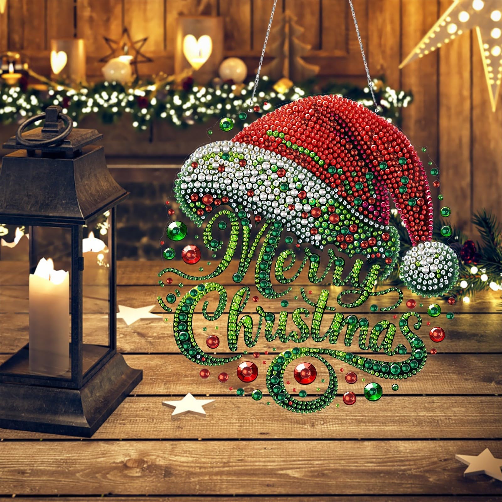 Diamond Art Painting Pendant Kits, DIY Diamond Art Painting Hanging Kit, Christmas Snowman Diamond Crystal Window Pendant, Diamond Art Craft Kit for Holiday Season-Santa Hat