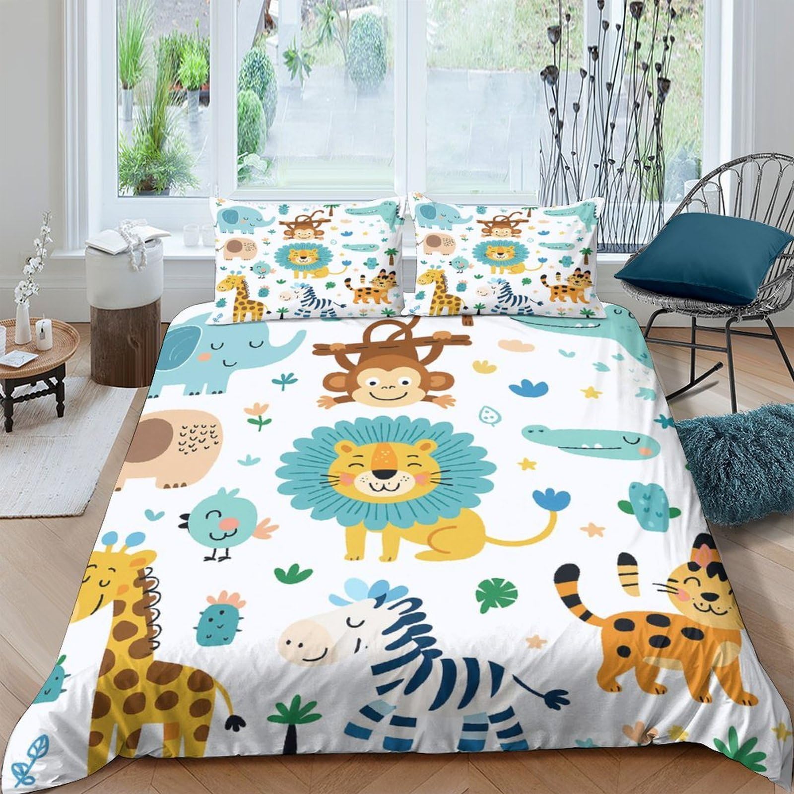 3D Printed Jungle Animals Duvet Cover Set Microfiber Soft Breathable Safari Lion Bedding with 2 Pillowcases for Bedroom Decor Single（135x200cm）