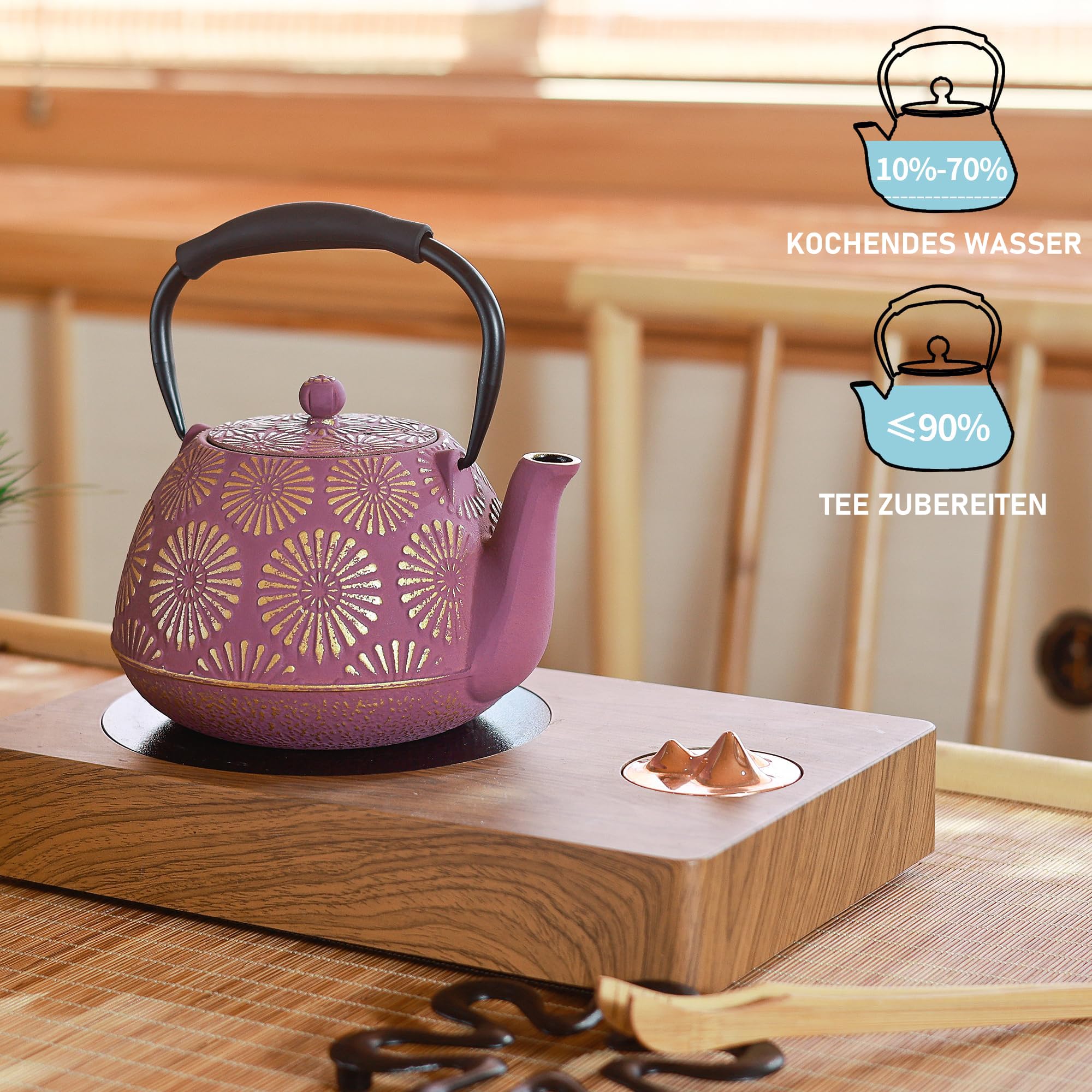 Tetera de hierro fundido, 1,134.0 g con infusor para estufa, diseño de Sakura, tetera japonesa para té y café recubierta con interior esmaltado, mango de silicona, 1200 ml, color morado