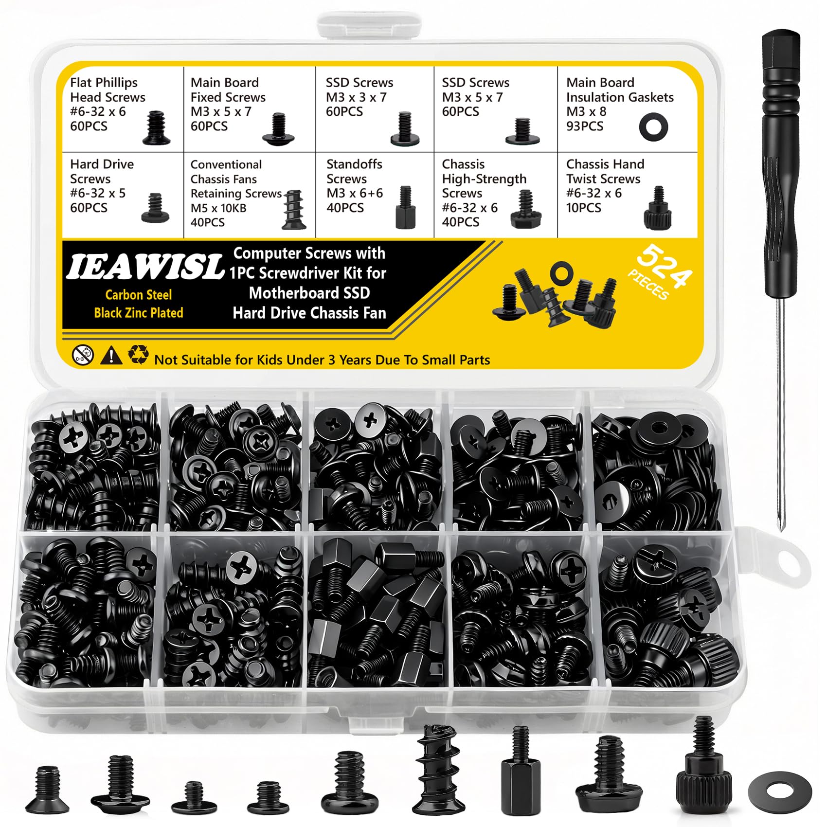 168PCS Computer Screws Kit Motherboard Screws Standoffs for Universal HDD, Chassis, Fan, PC Case, Graphics, M.2 SSD Screws for DIY and Repair, PC Screws with Magnetic Phillips and Slotted Scredriver — view 9