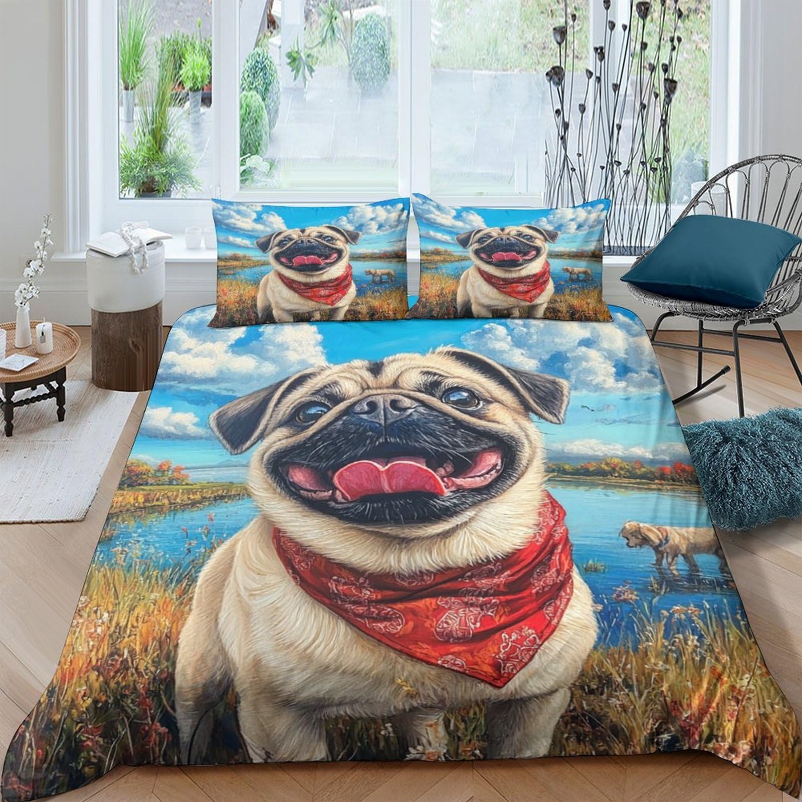 WXLWHR Pug Duvet Cover Sets Soft Microfiber 3 Piece 3D Printed Bedding Sets Pug Red Scarf Duvet Cover with Pillowcase for Kids Teens Adults Double（200x200cm）
