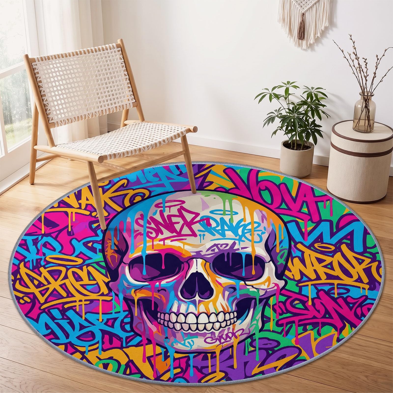 Street Graffiti dywan z czaszką do salonu, okrągły dywan, 100 cm