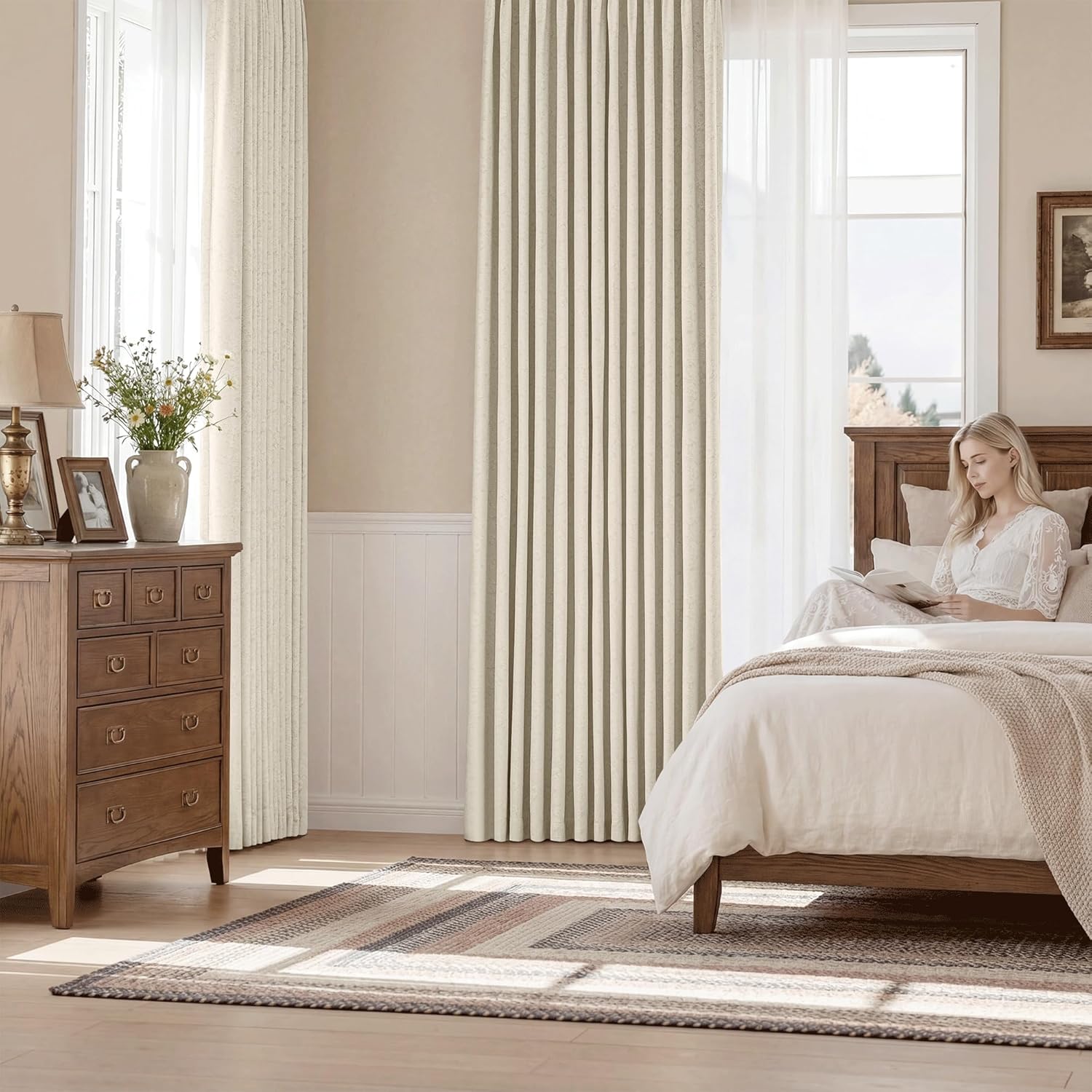 Light Beige Floral Jacquard Blackout Curtains 84 Inches Long for Living Room Bedroom Cream Chenille Flower Room Darkening Thermal Insulated Soundproof Grommet Window Drapes 2 Panels