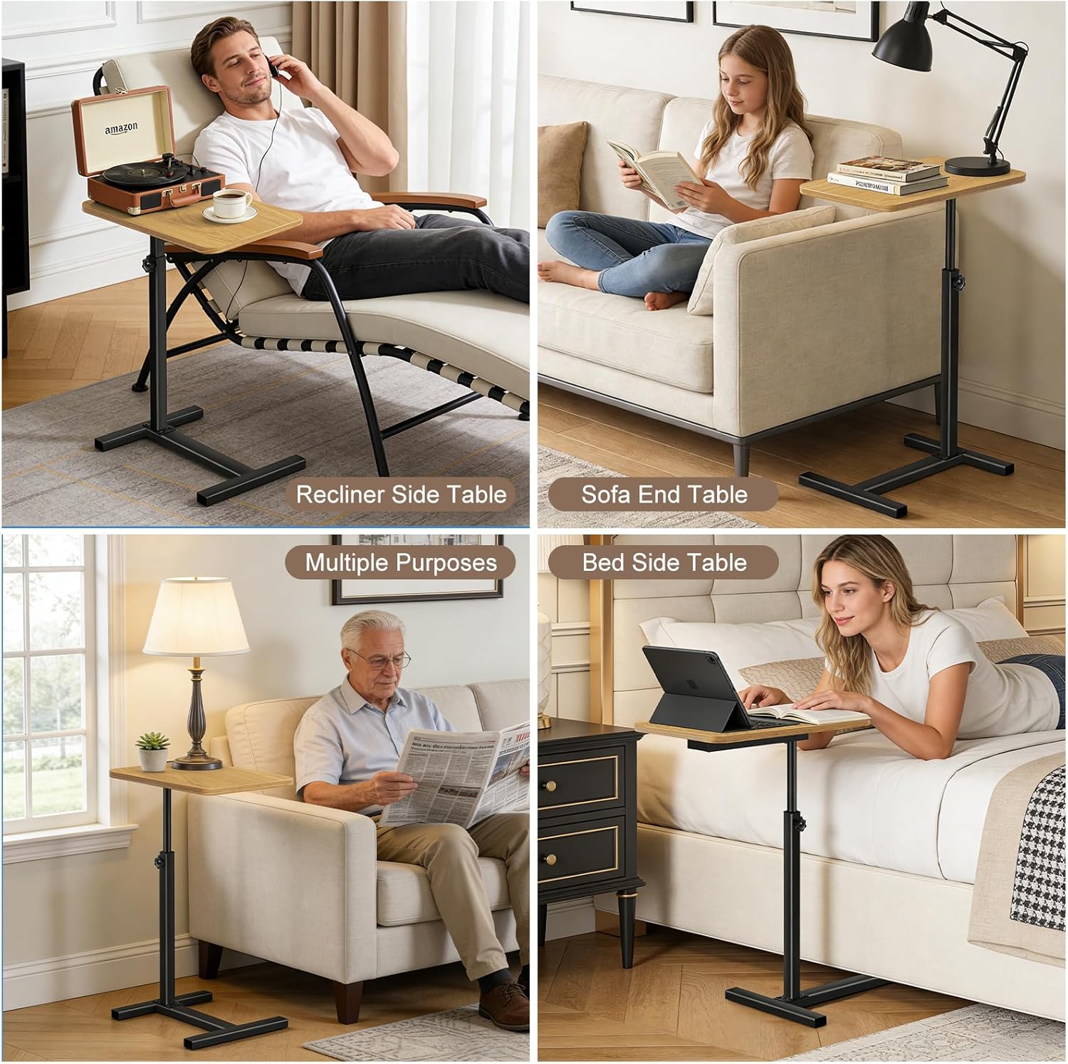 Tinysun C Shaped Small Side Table,Adjustable Tv Tray Side Table for Bedroom,Couch Bed Table TV Trays for Eating with High-Density Board & Carbon Steel Base