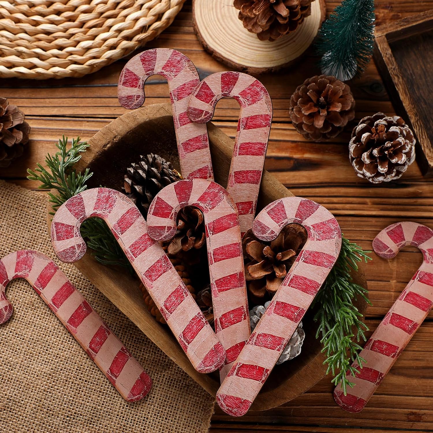 Gemscream 12 Pcs Christmas Wooden Candy Canes Decor, Classic