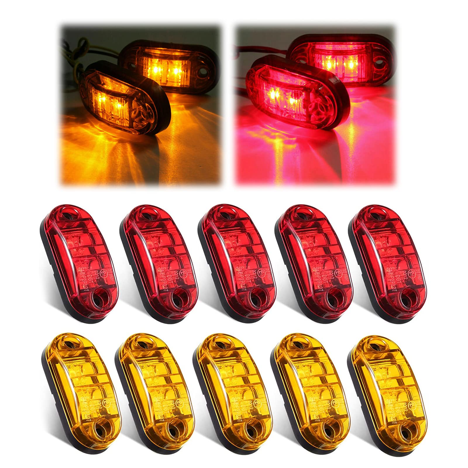 10 Pack 2 Diode Trailer Marker Lights, 2.5In LED Trailer Marker Light Truck Lights, Oval Trailer Running Lights, for Truck RV Exterior Marker Lights Accessories (Yellow & Red)