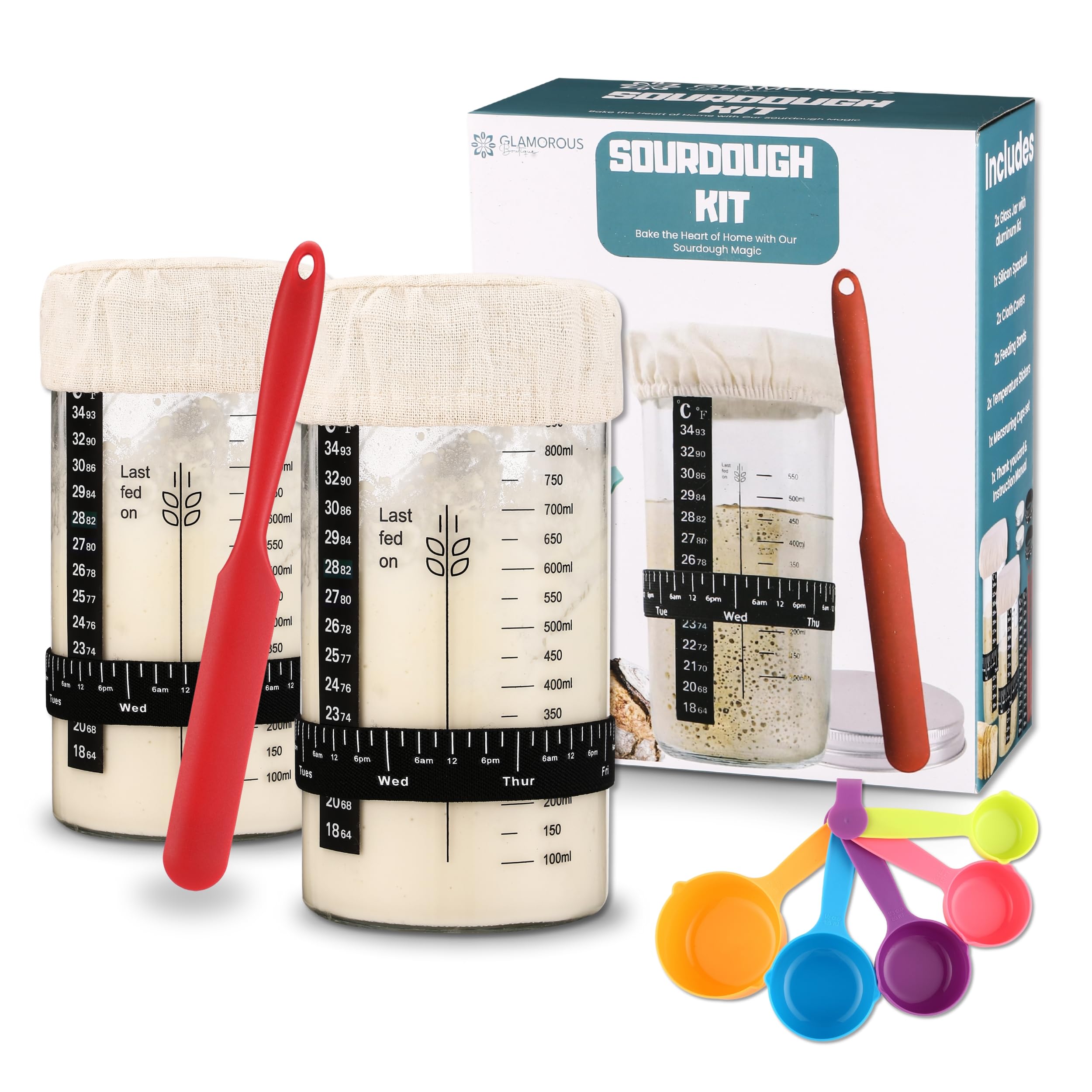 34oz Pack of 2 Sourdough Starter Jar - Complete Bread Baking Sourdough Jar with two Glass Jars, Metal Lid, Thermometers, and Feeding Bands