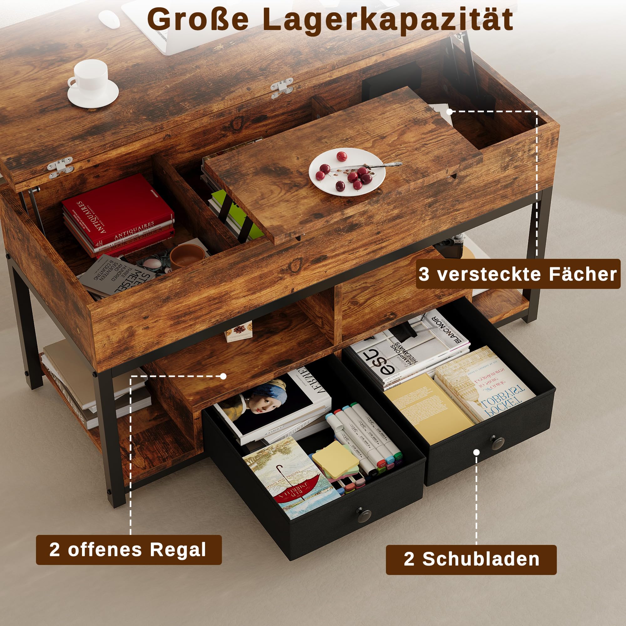 IRONCK Couchtisch Höhenverstellbar, LED Wohnzimmertisch mit Steckdosen, 2AC+USB+USB‑C, Kaffeetisch Holz, 2 Schubladen, Umwandelbar Esstisch 100×80cm (Vintagebraun)