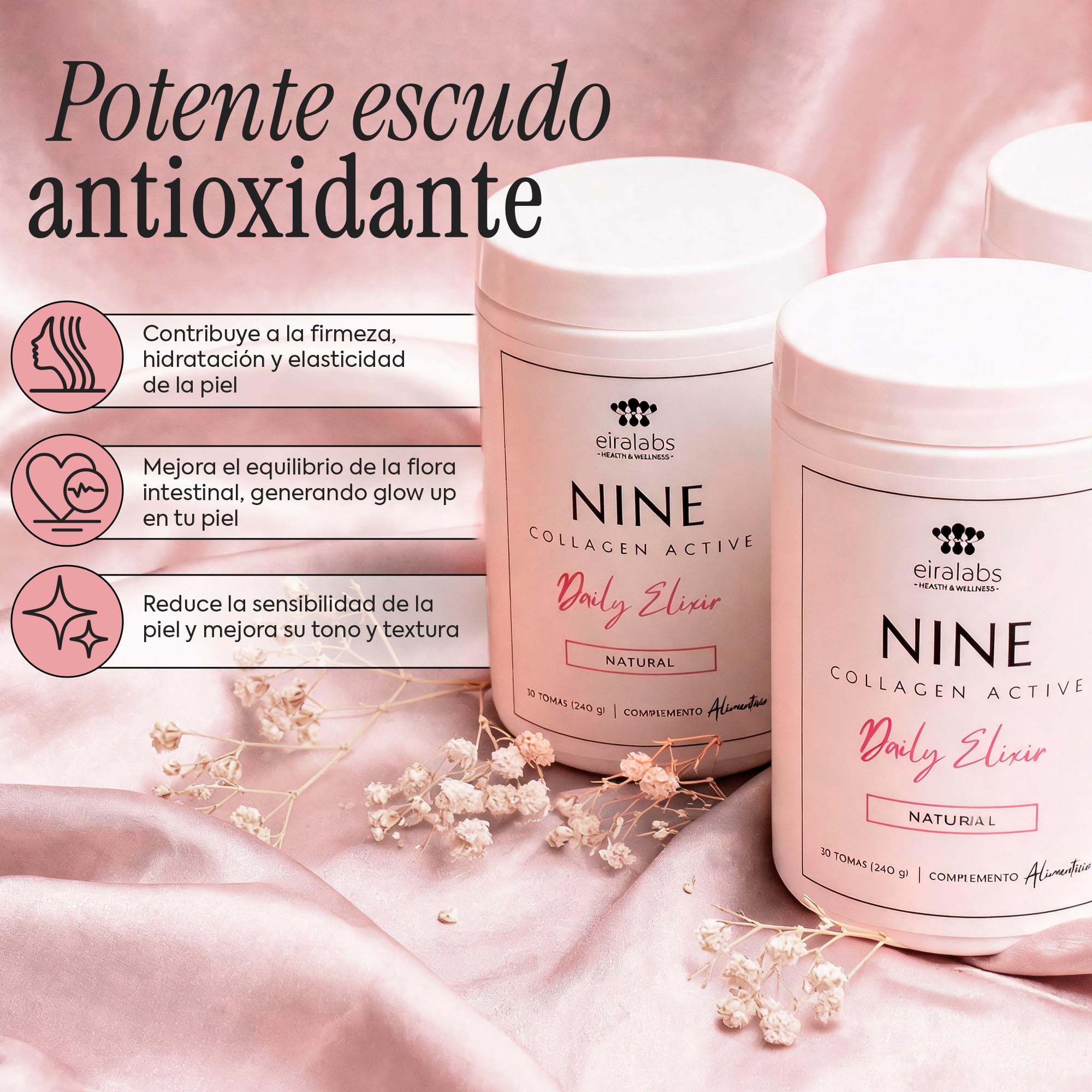 Nine Collagen Active Daily Ellixir - Kolagen z biotyną, niacyną, cynkiem oraz witaminami C i E w celu poprawy elastyczności skóry oraz wzmocnienia włosów i paznokci - Naturalny smak