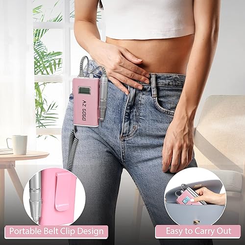 Miniatura 4 de AZ GOGO - Taladro de uñas profesional, 30000 rpm, recargable, portátil, para uñas de gel acrílico, lima E eléctrica mejorada con pantalla LCD (rosa)