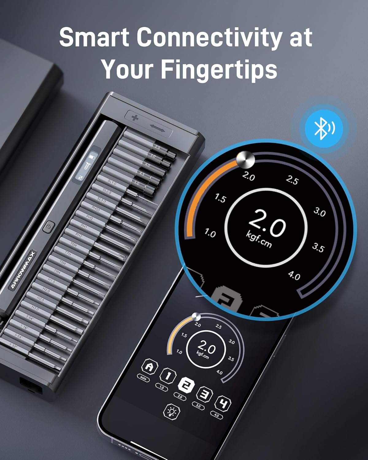 Smartphone screen showing the AM ARROWMAX app with torque adjustment interface, next to the screwdriver case