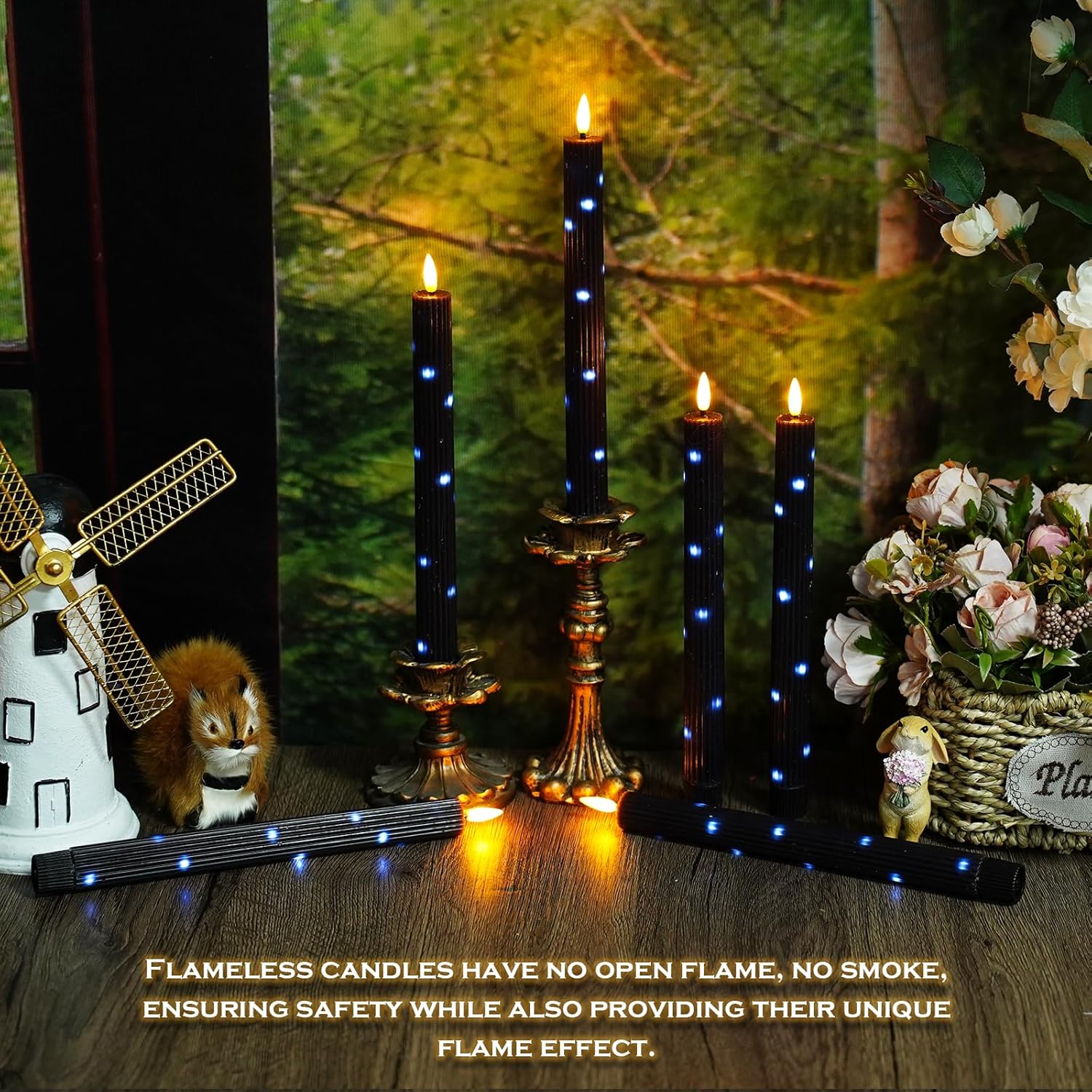kakoya Real Wax Flameless Taper Candles with Remote Timer,6 Pcs Taper Battery Operated Candle,9.6 Inches LED Candles with Embedded Star String for Home Decor Holiday Party,Black