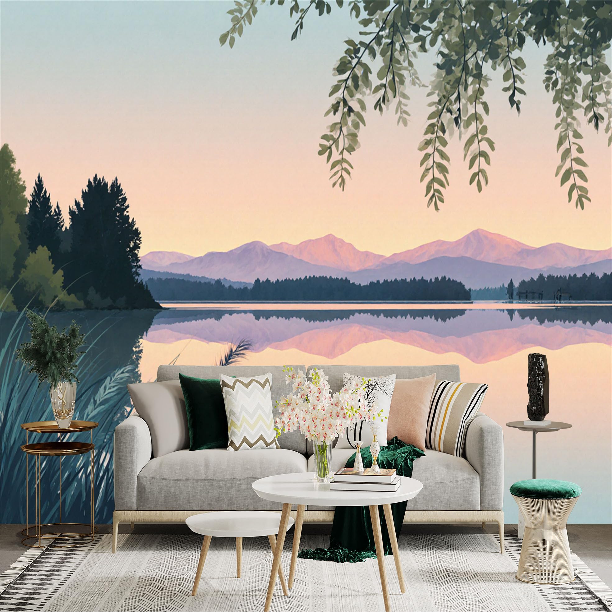 Custom Size Wall Sticker Mural， Serene Lake Landscape， Pastel Sunset Mountains， Calm Water Reflection， Nature Scenery， for wall Decoration， peelandstick wall Decals.