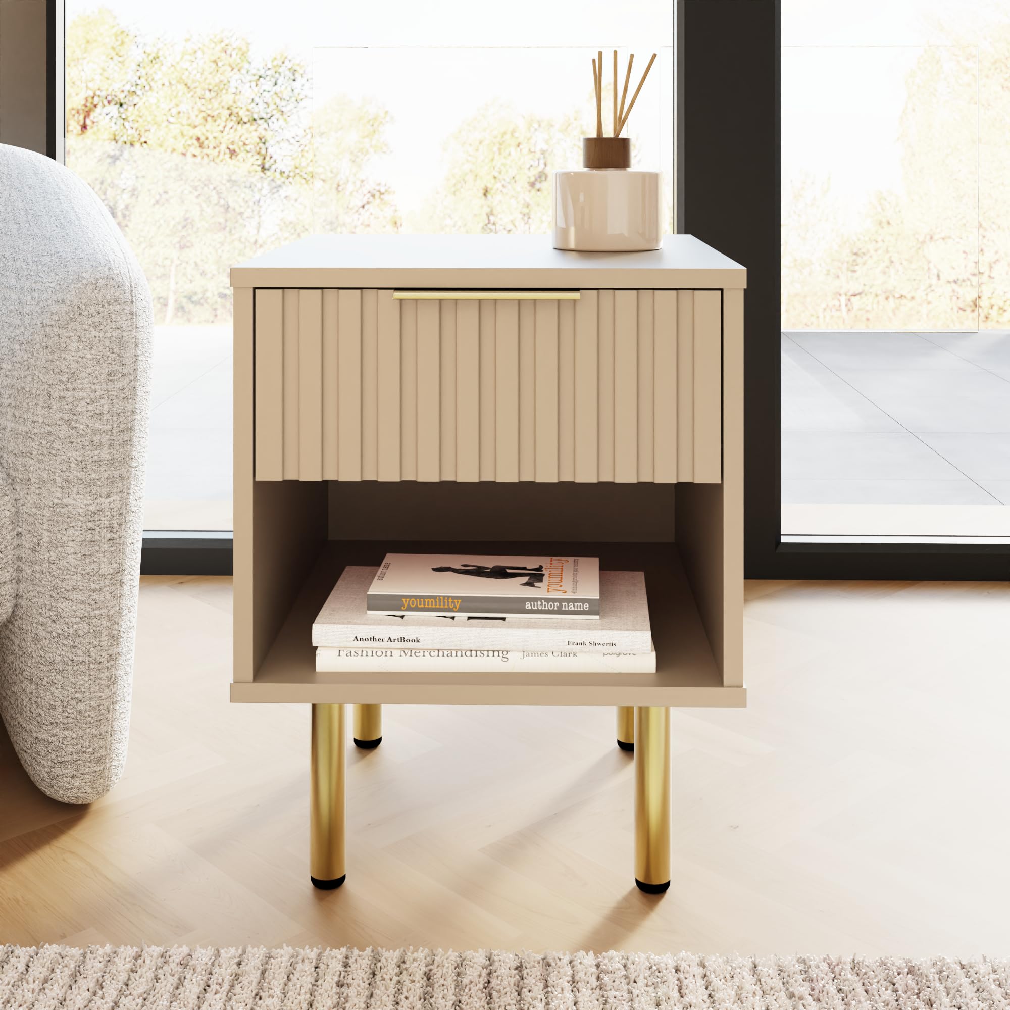 GFW Nervata Lamp Table, Oak Effect Side Table with Drawer Storage, Ribbed Detailing & Metal Legs